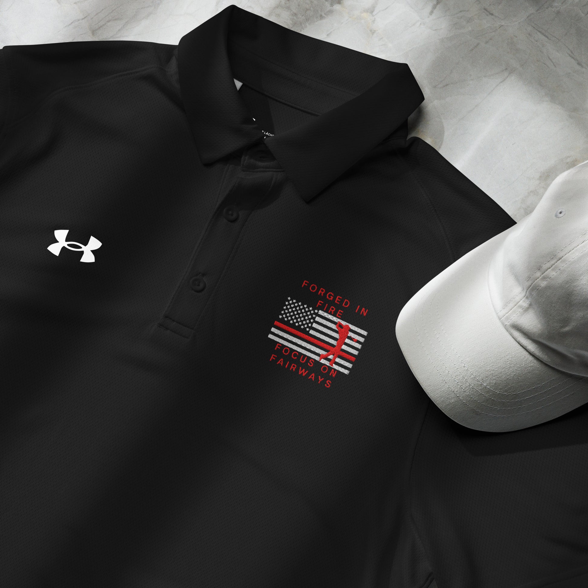 Black men's Under Armour fire service shirt with Forged in Fire Focus on Fairways design
