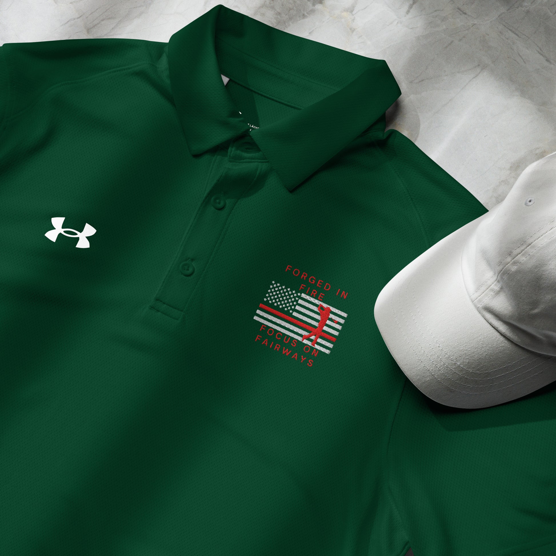 Forest green men's Under Armour fire service shirt with Forged in Fire Focus on Fairways design