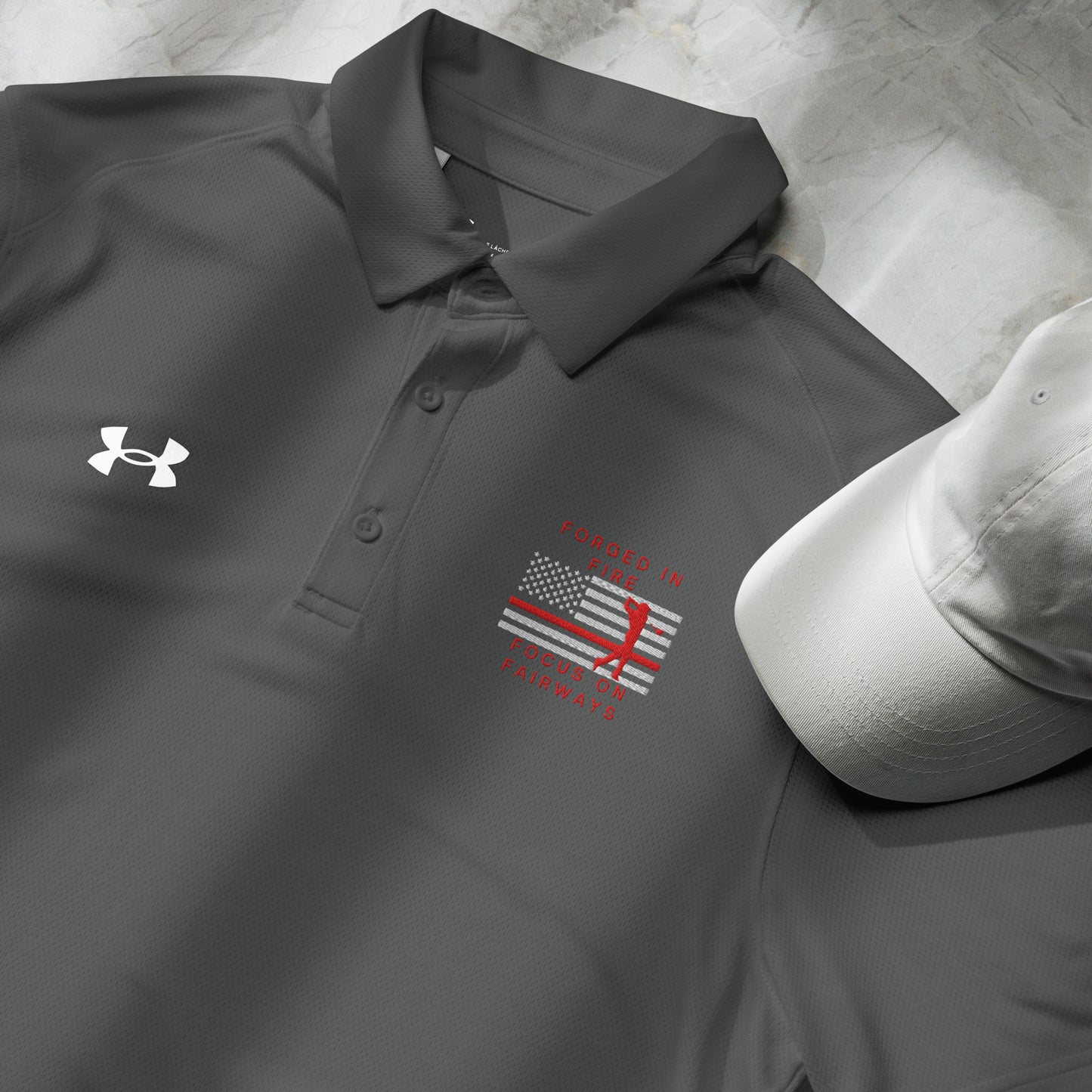 Grey men's fire department shirt with Thin Red Line golfer silhouette
