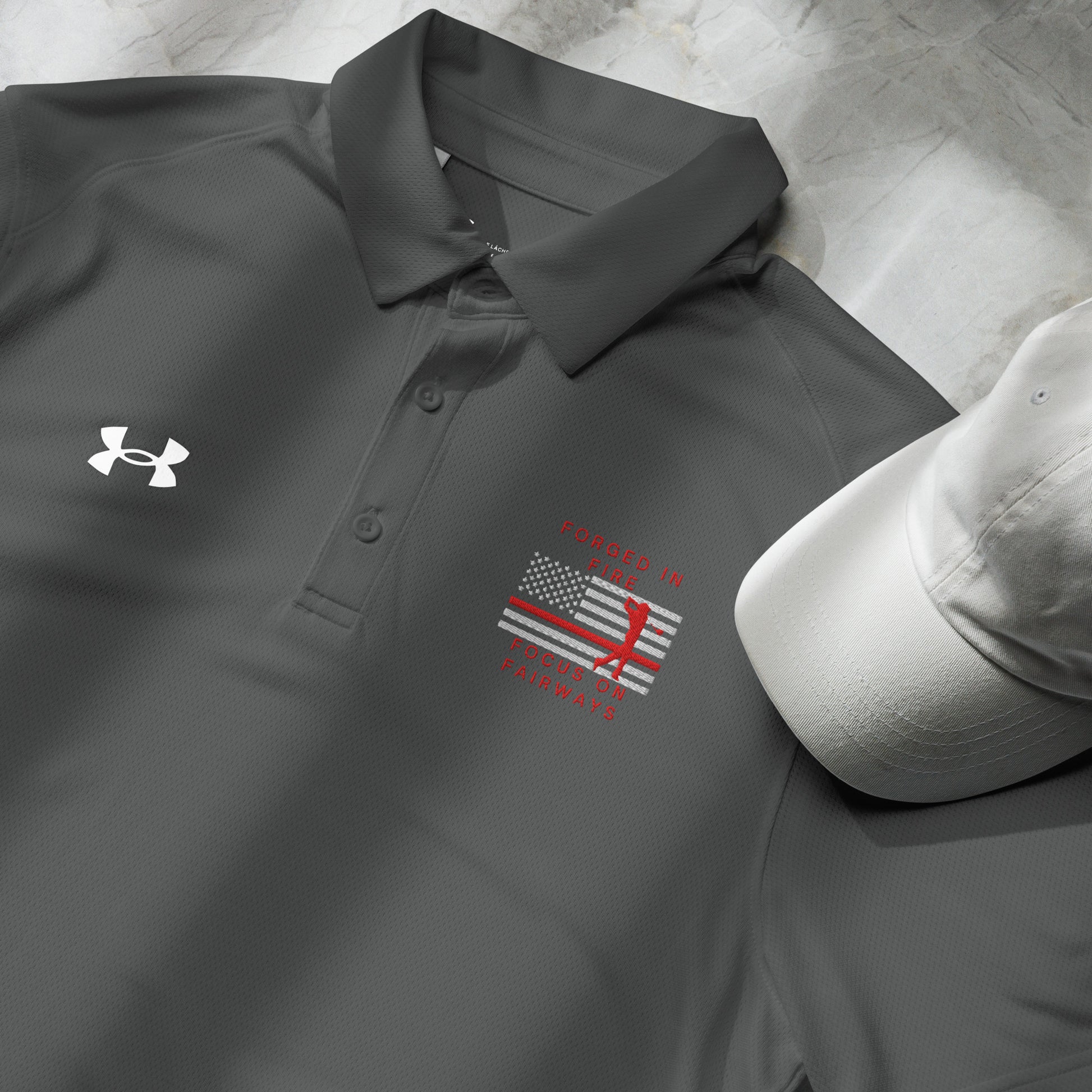 Grey men's fire department shirt with Thin Red Line golfer silhouette