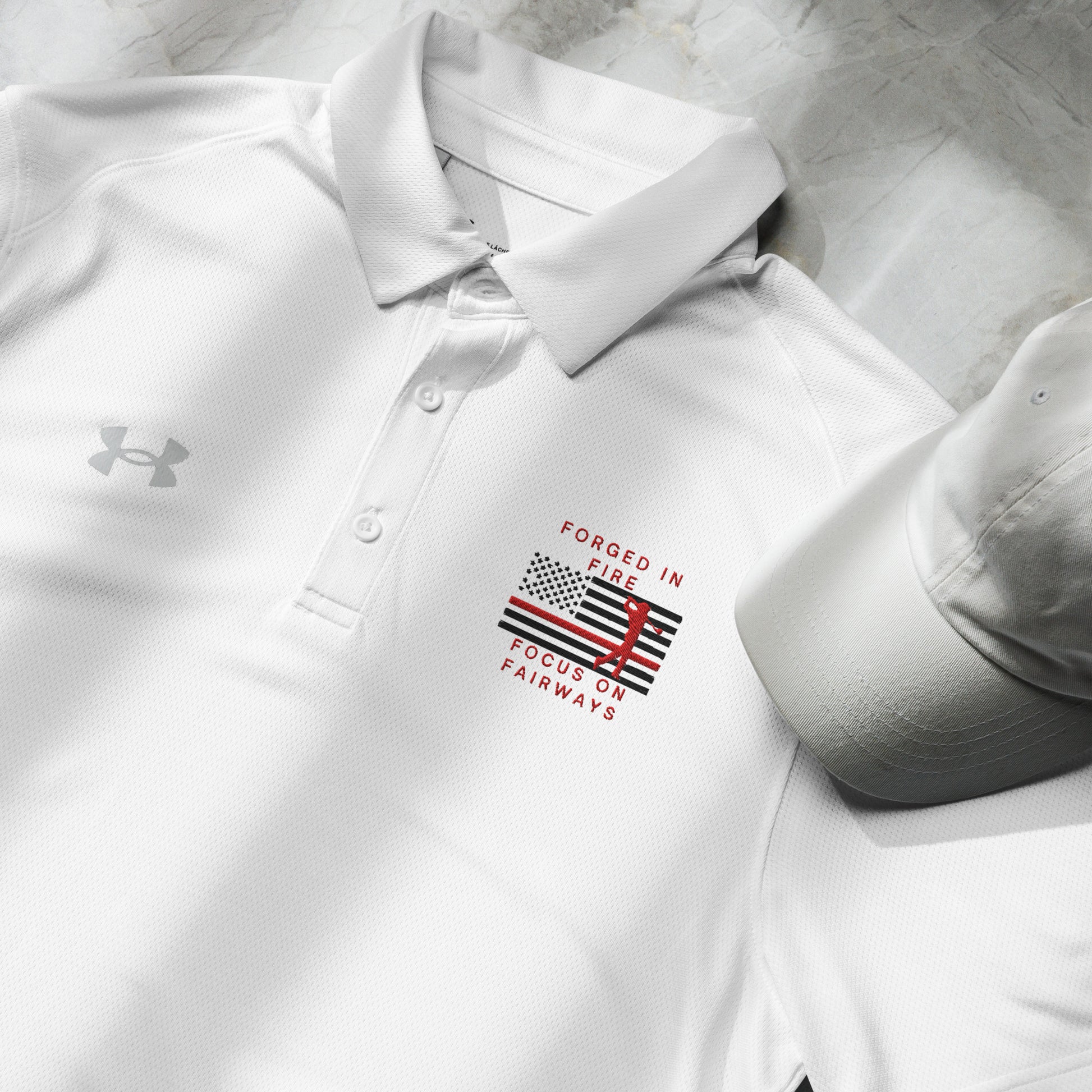 White men's firefighter shirt with patriotic USA flag and red golfer silhouette