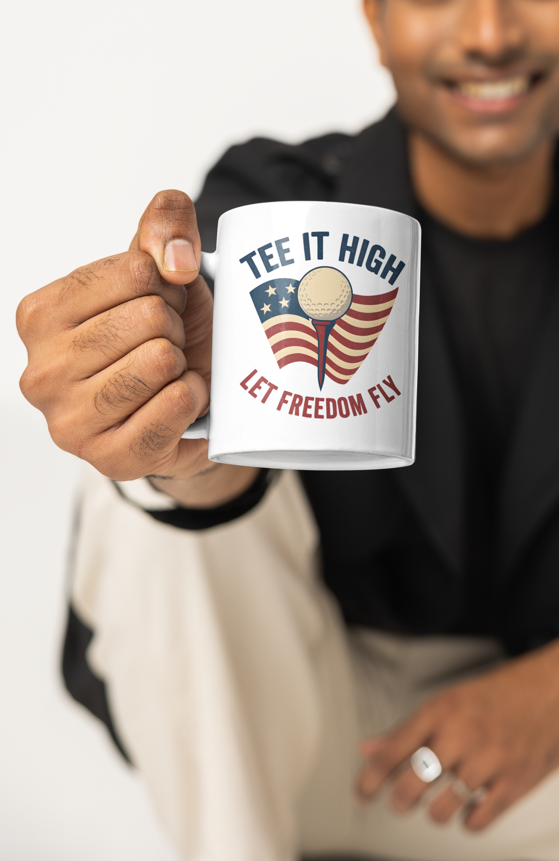 Glossy ceramic mug with golf and USA flag inspiration