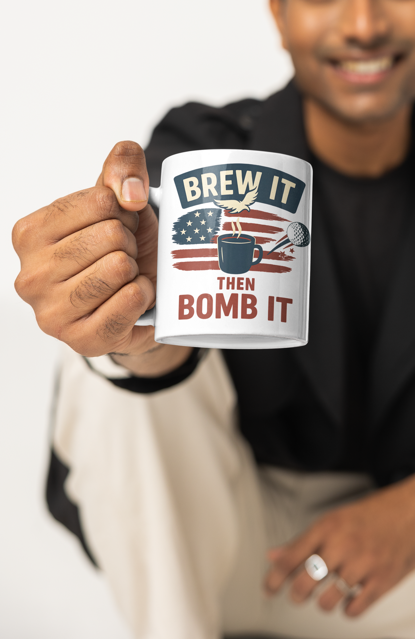 Ceramic drinkware with golf ball flying across vintage flag