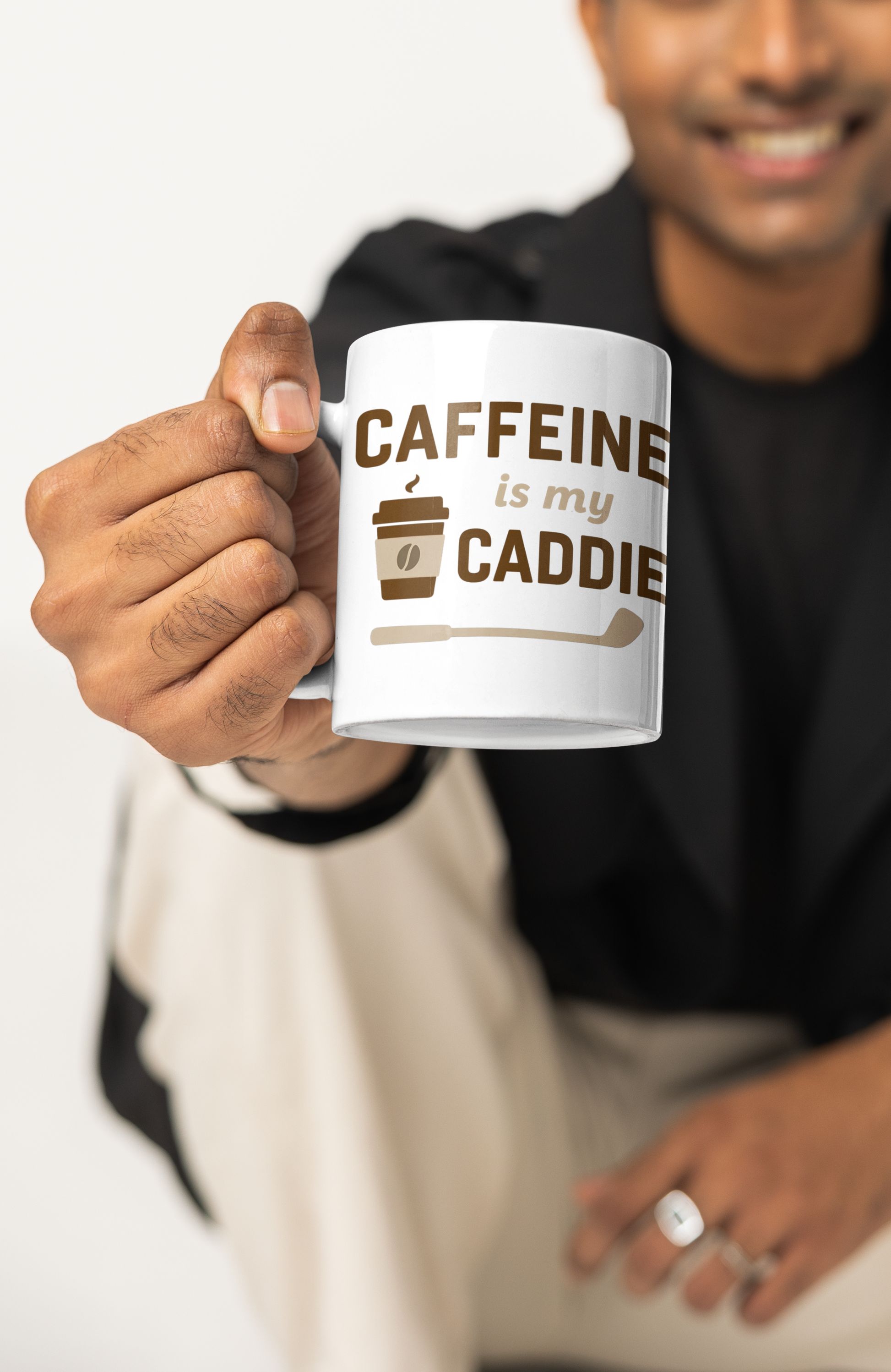 Glossy ceramic cup with coffee and golf crossover humor