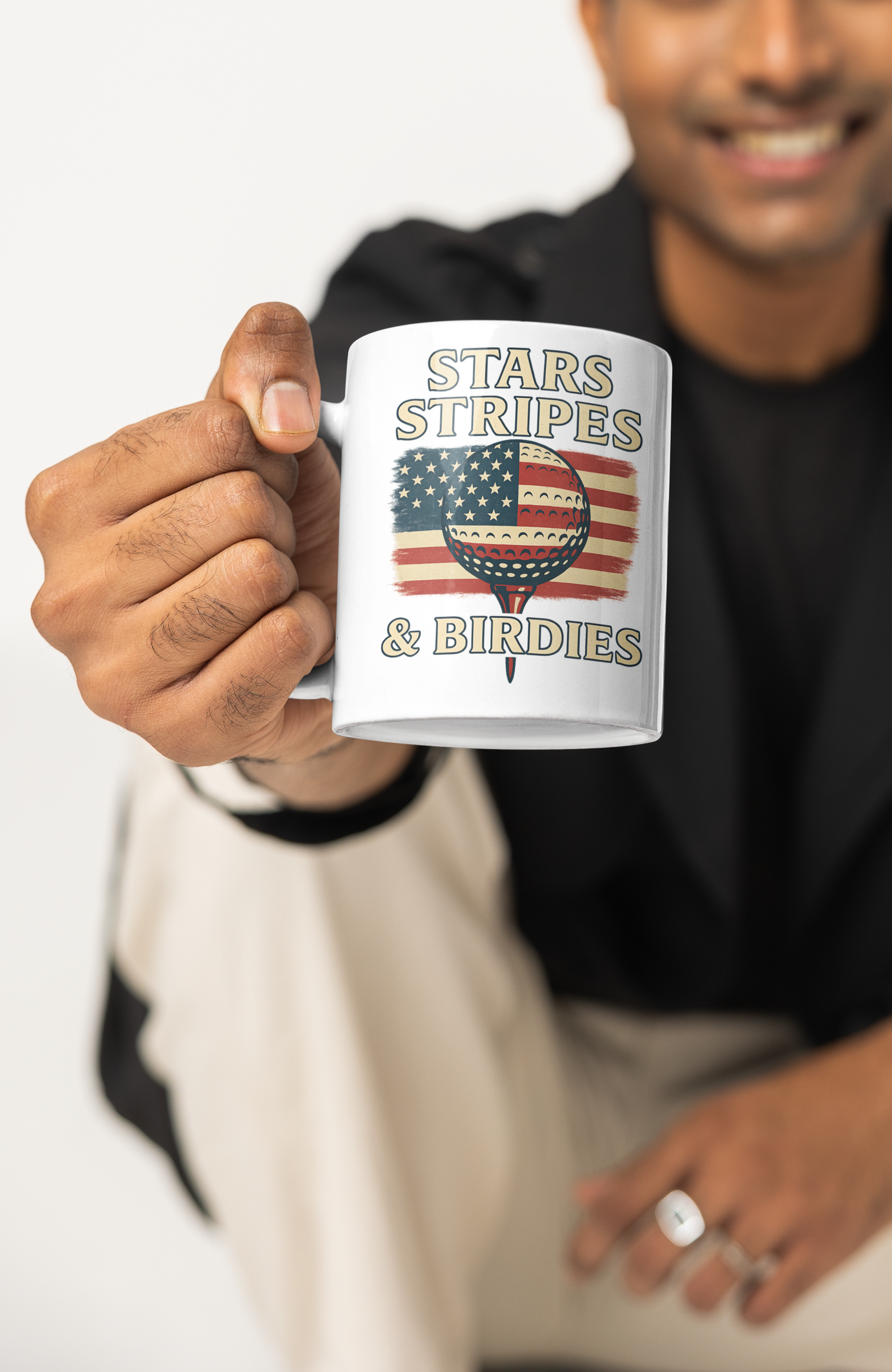 Vintage USA flag golf-themed coffee mug