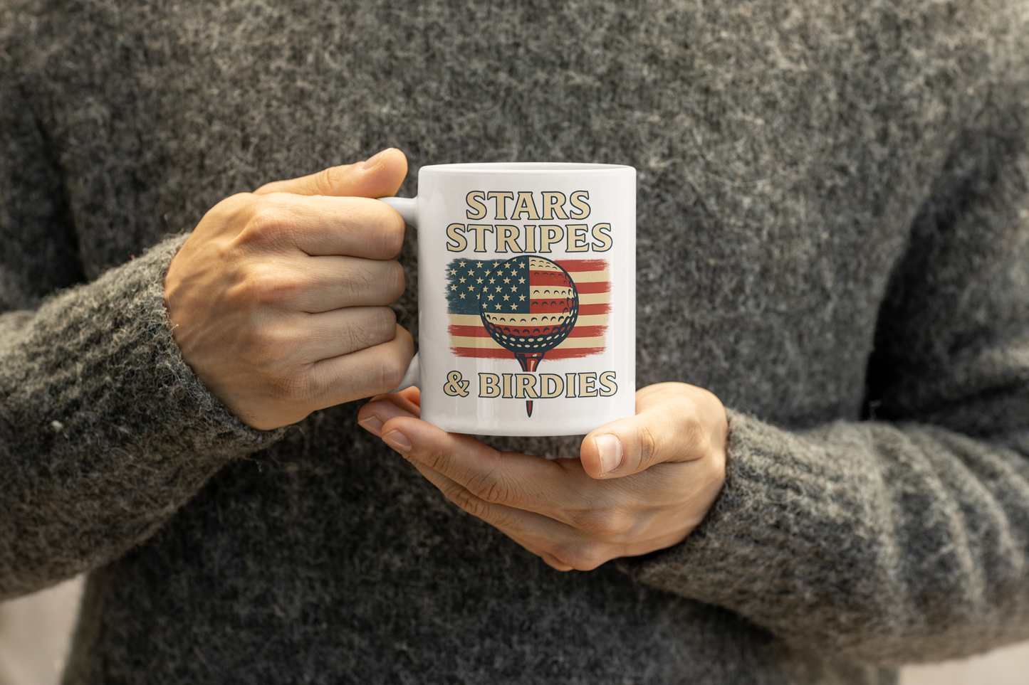 American flag golf ball graphic on ceramic mug