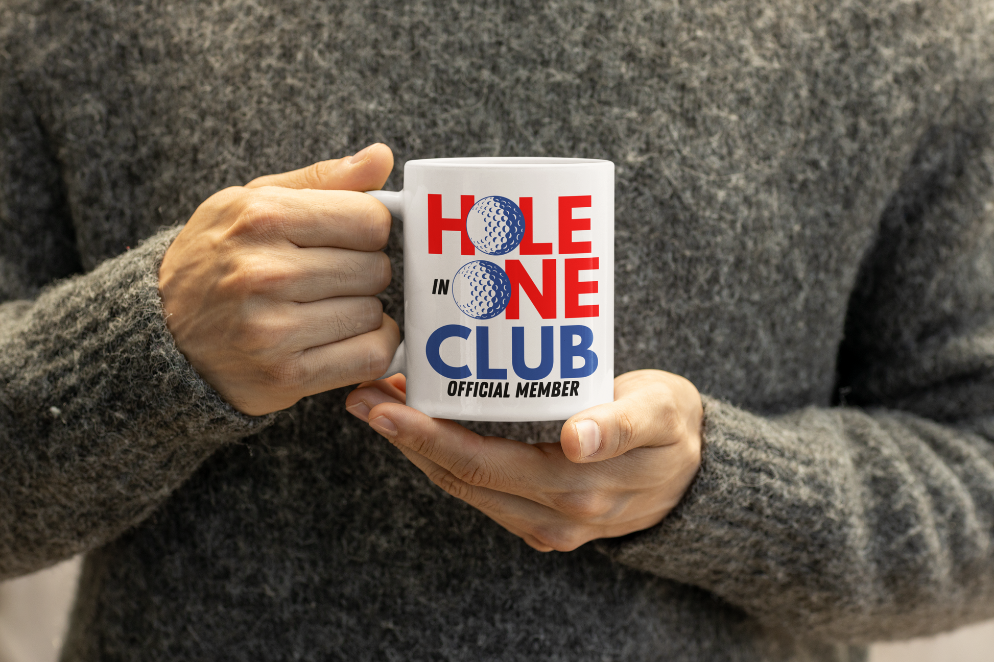 white hole in one club golf mug with blue and red text