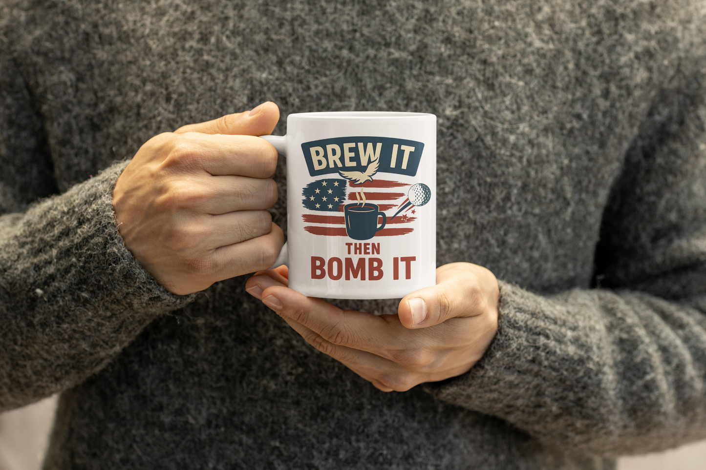 Red, white, and blue graphic mug with eagle and driving humor