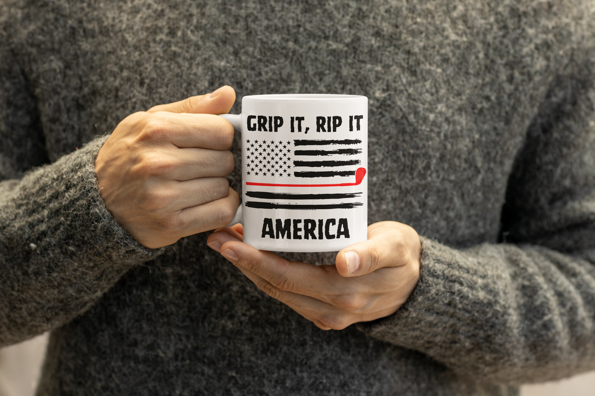 Ceramic cup celebrating America and golf with rugged artwork