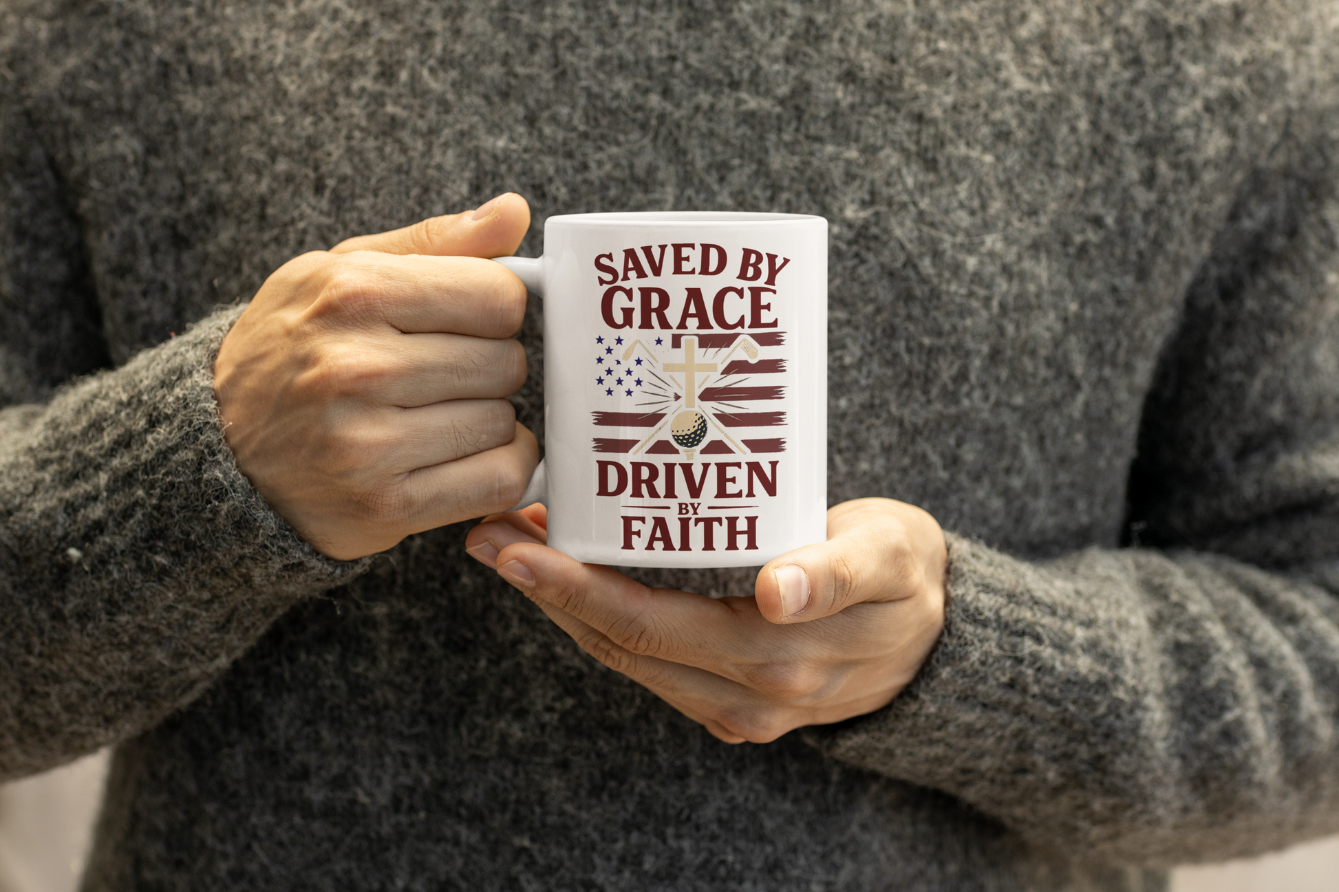 Golf and Christian message mug featuring patriotic details