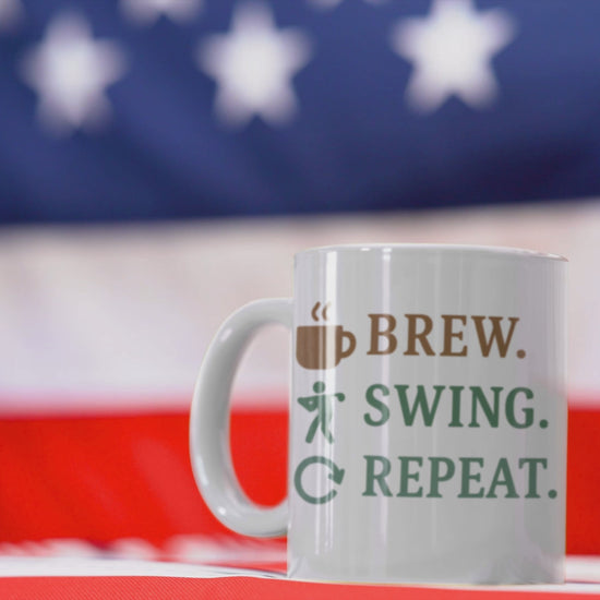 Morning routine mug for golfers with icon-based humor