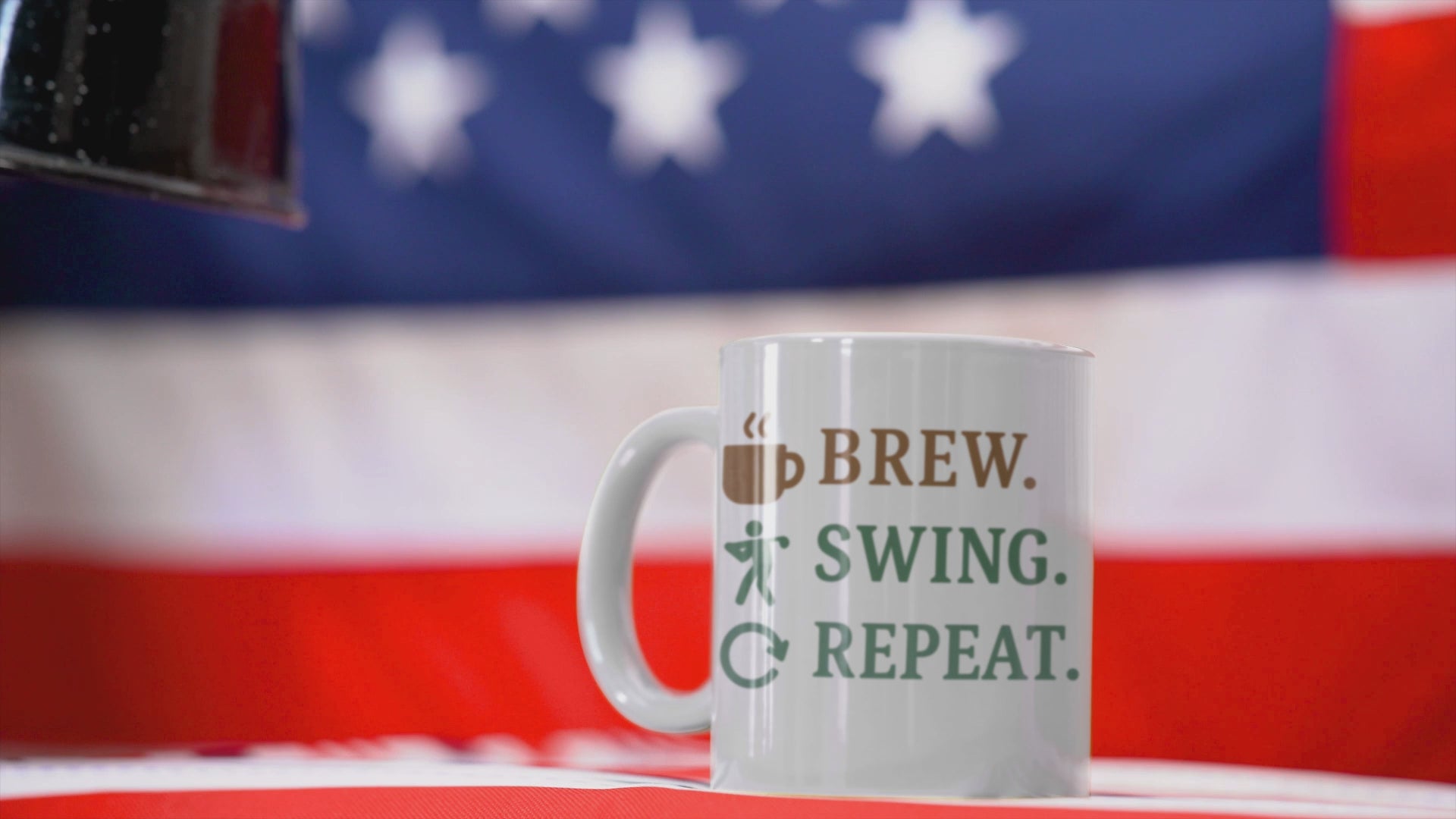 Morning routine mug for golfers with icon-based humor