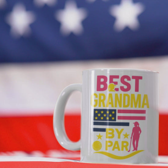 Best grandma by par ceramic mug patriotic golf design female golfer silhouette
