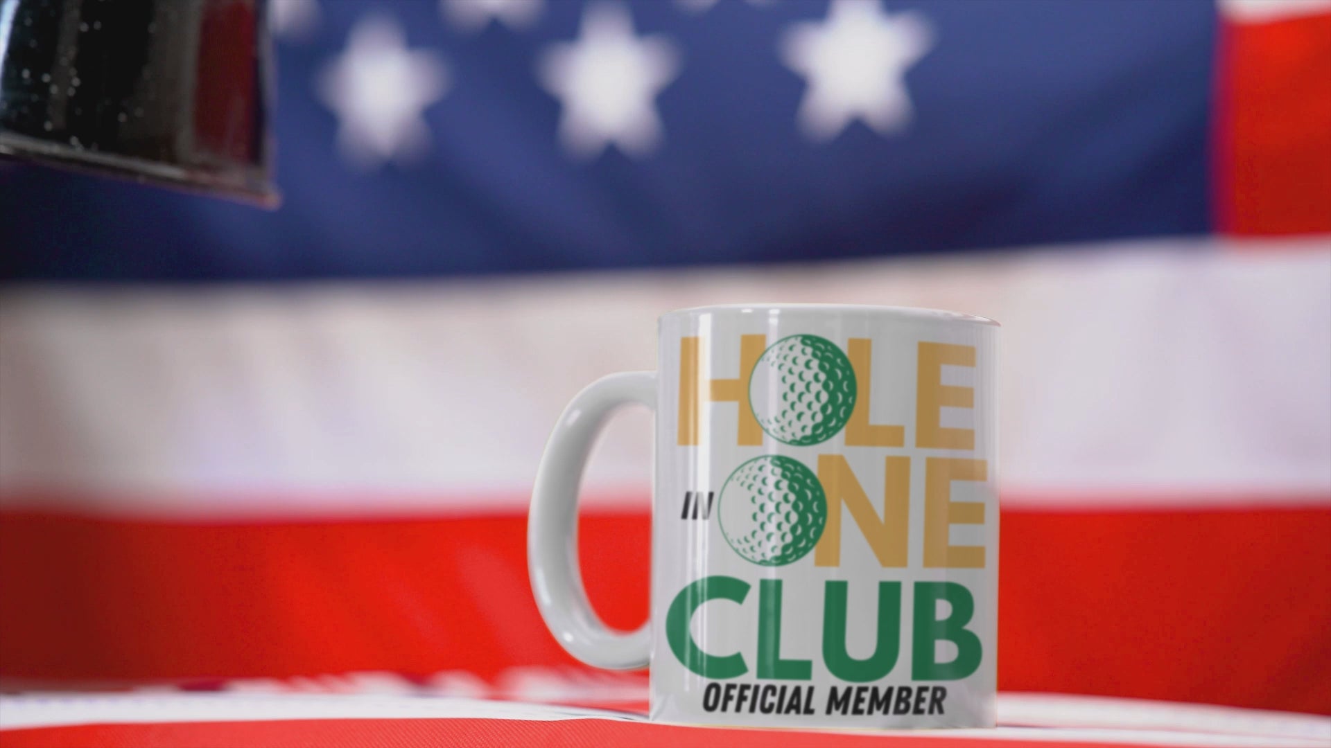 High-contrast coffee mug with green, gold, and black color scheme