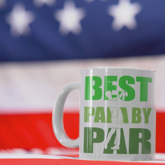 funny mug for golfing fathers with bold green text