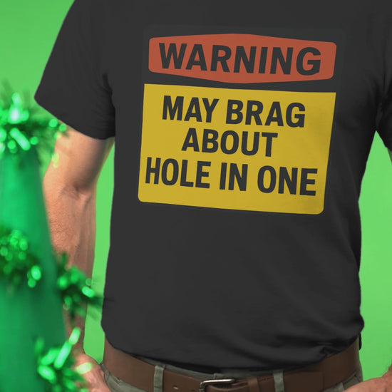 Warning graphic centered on black shirt