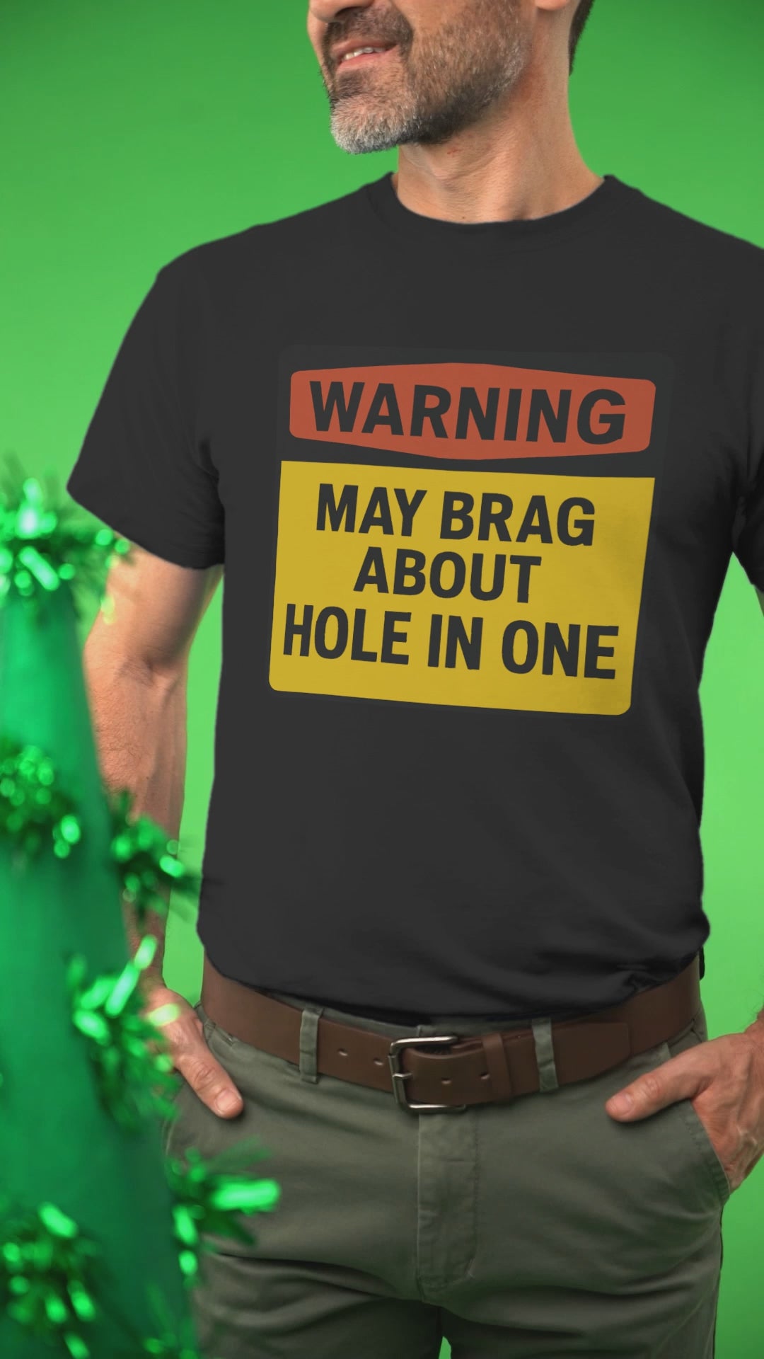 Warning graphic centered on black shirt