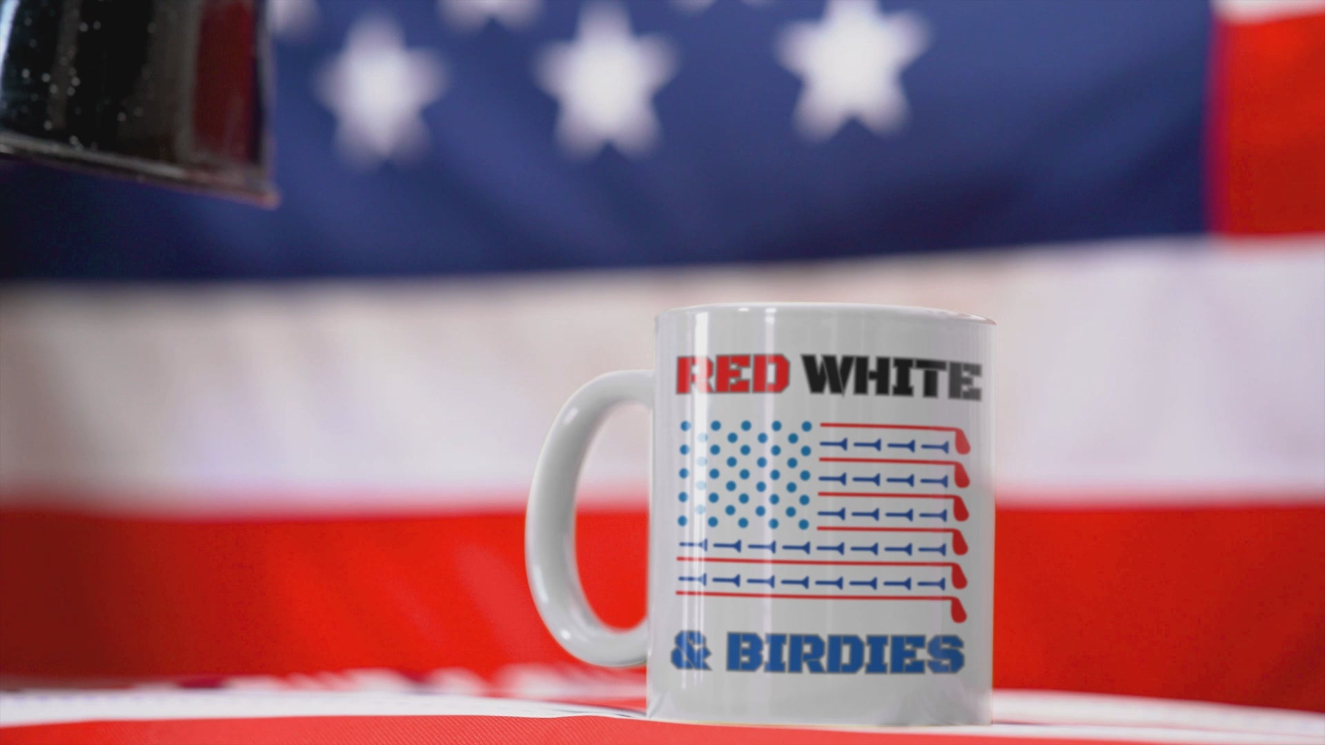 High-contrast flag mug with red tee stripes and blue stars