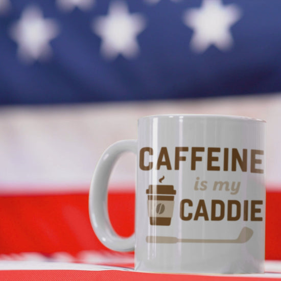 Morning golfer mug with coffee-powered caddie joke