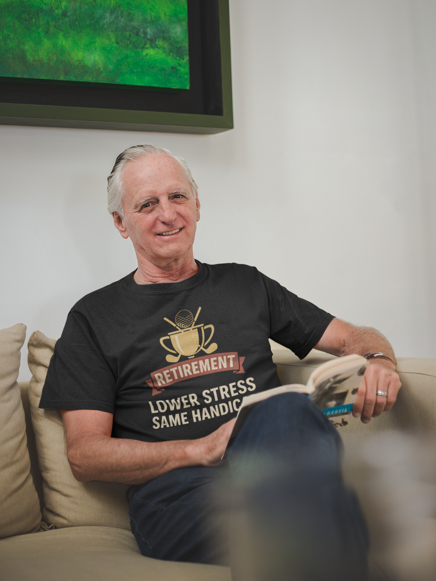 Retirement themed T-shirt with trophy and golf ball graphic