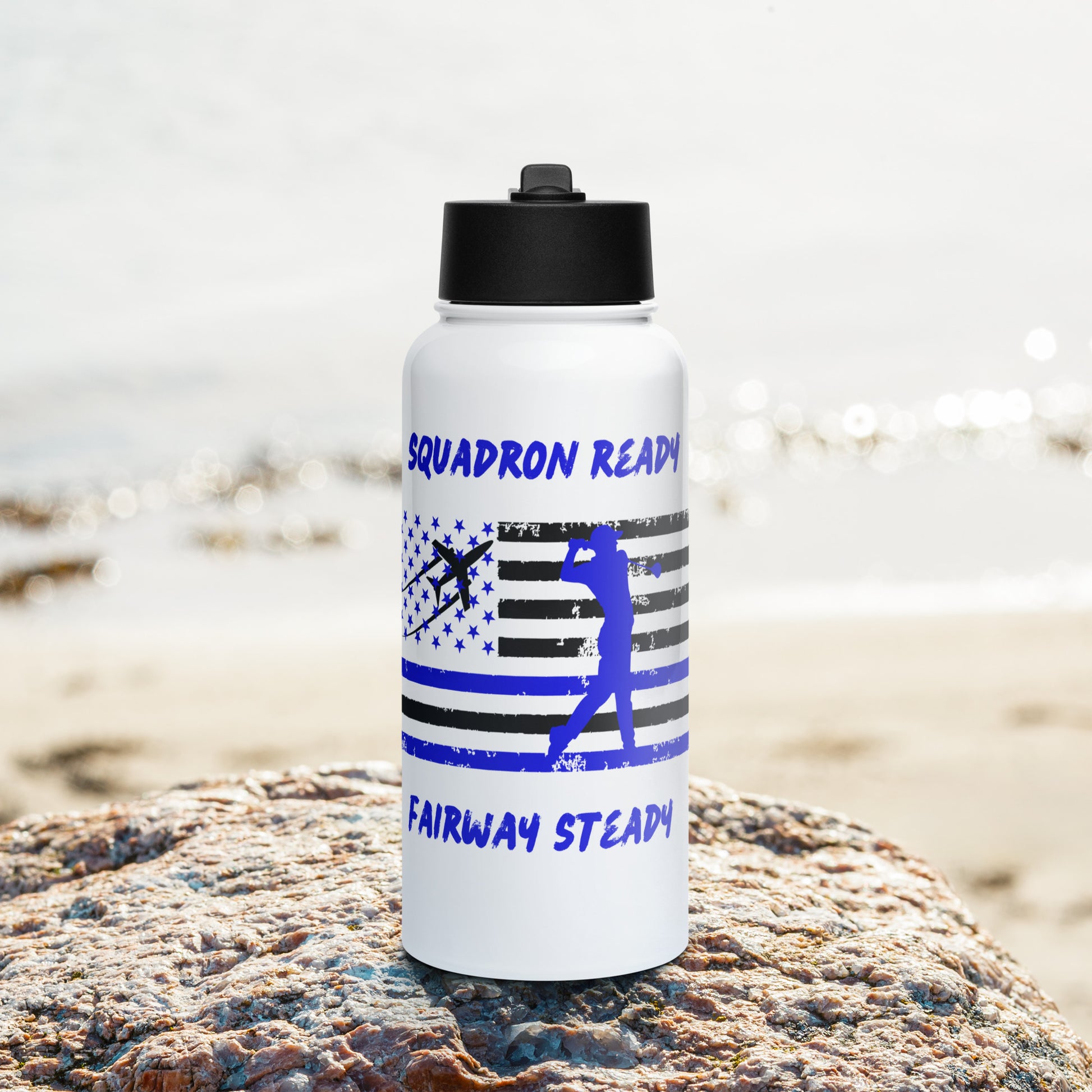 black and blue patriotic men’s water bottle