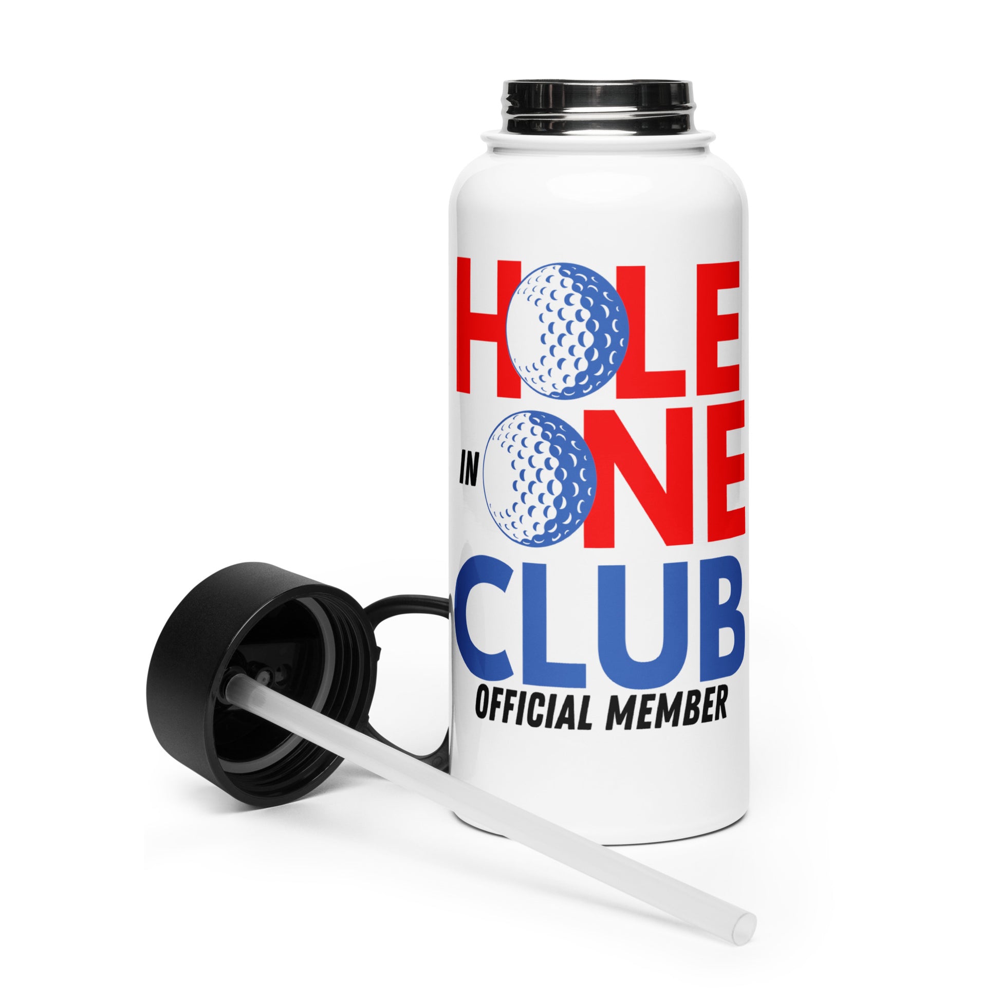 hole in one club red white blue water bottle