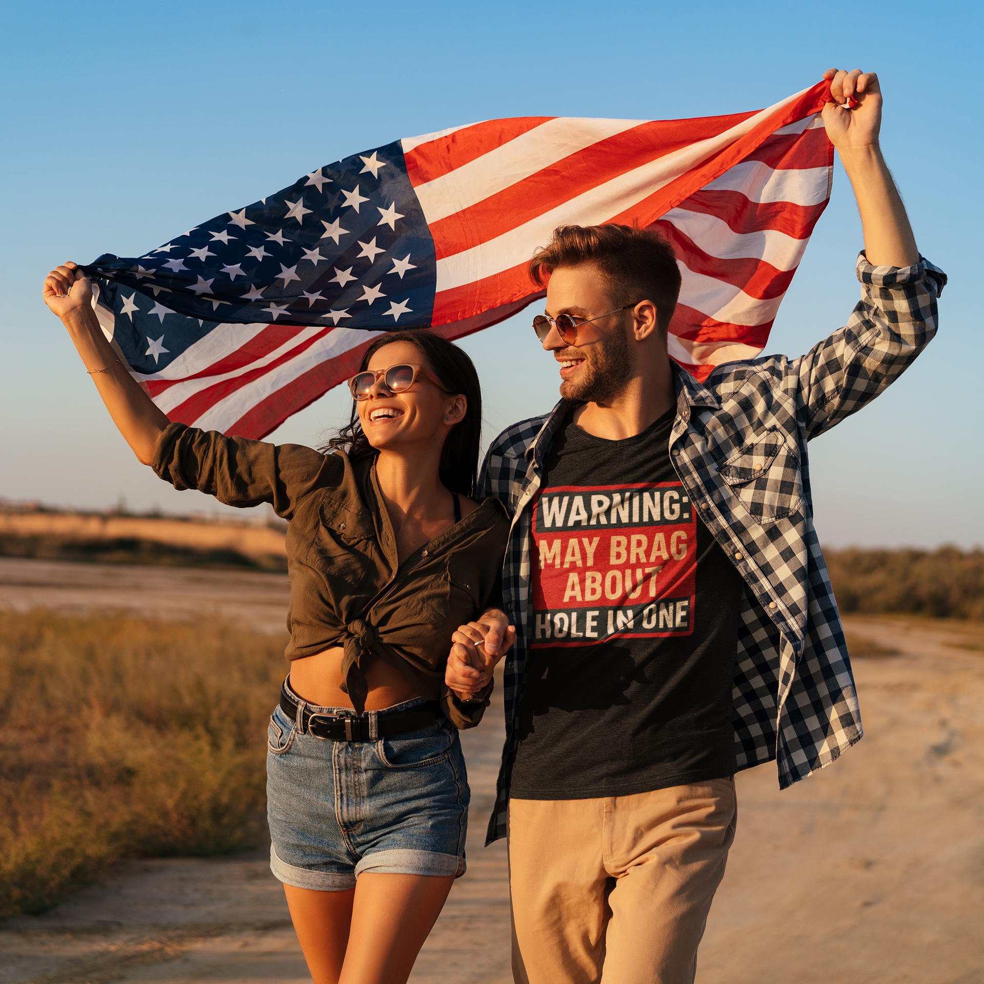 Graphic tee with red and cream warning sign layout