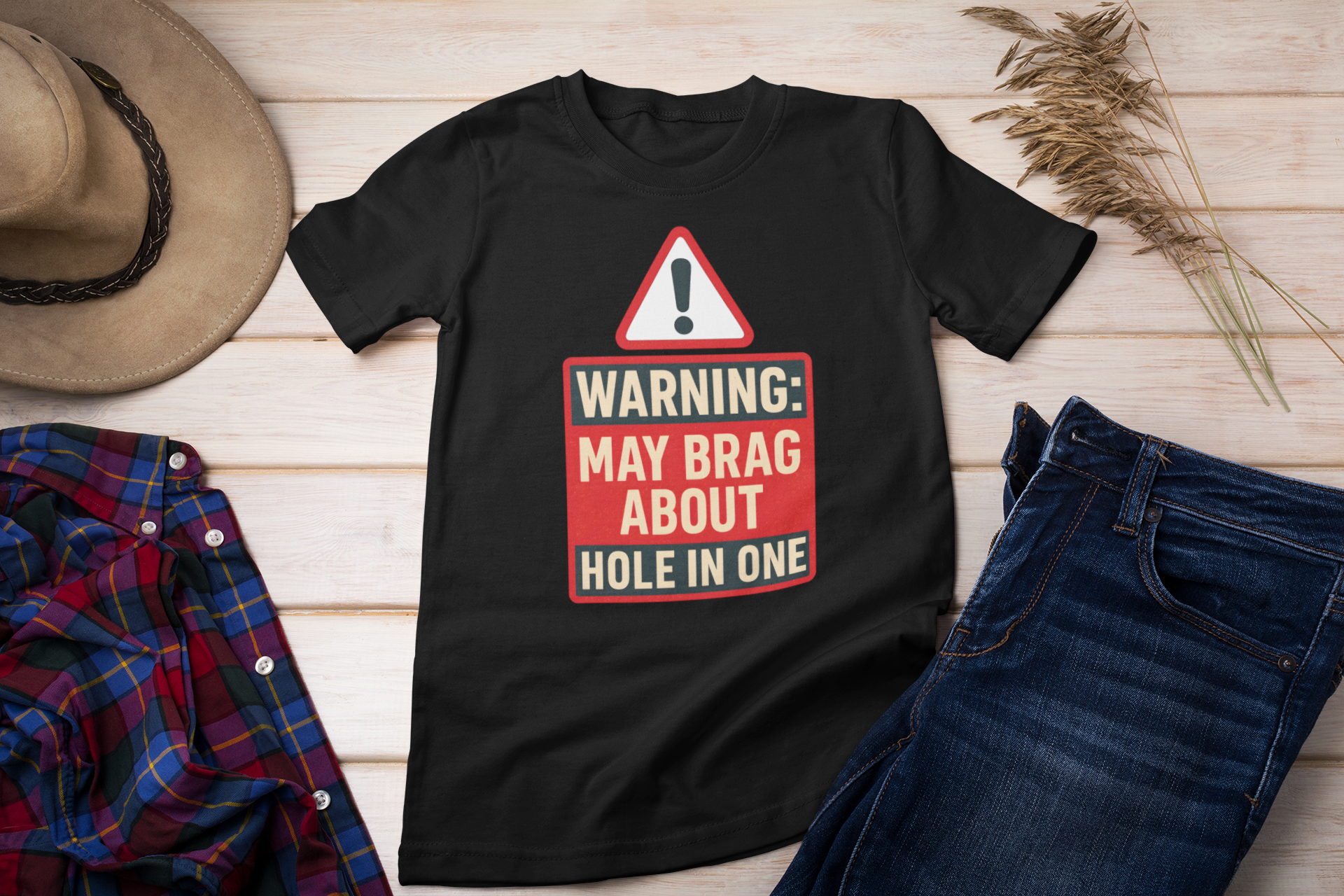 Hole-in-one warning graphic T-shirt design close-up
