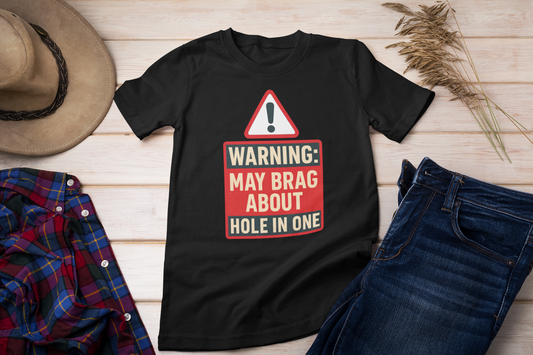 Hole-in-one warning graphic T-shirt design close-up