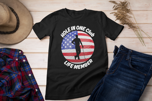 Black shirt featuring American flag golf ball design