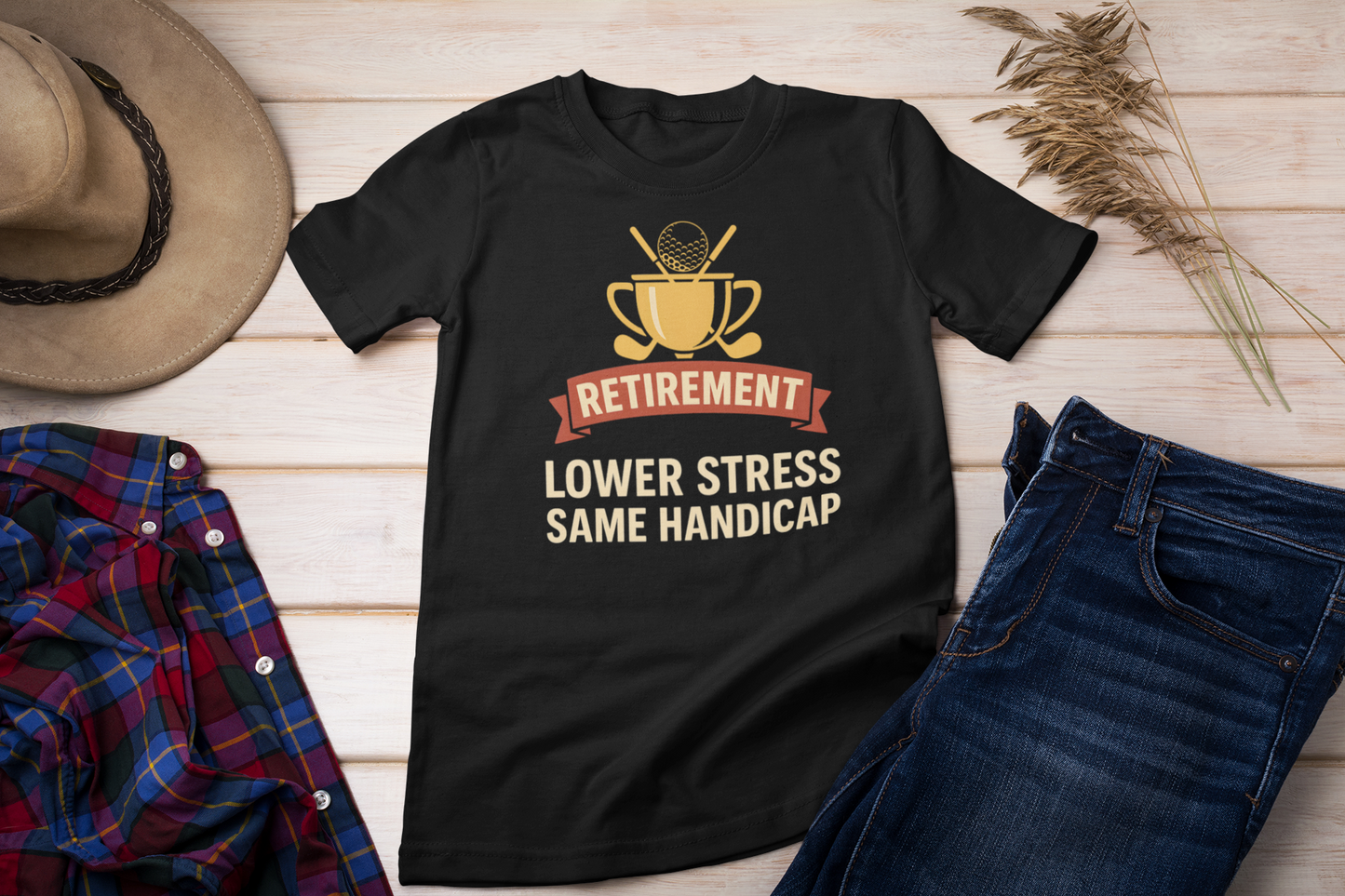 Black shirt with “Lower Stress Same Handicap” design