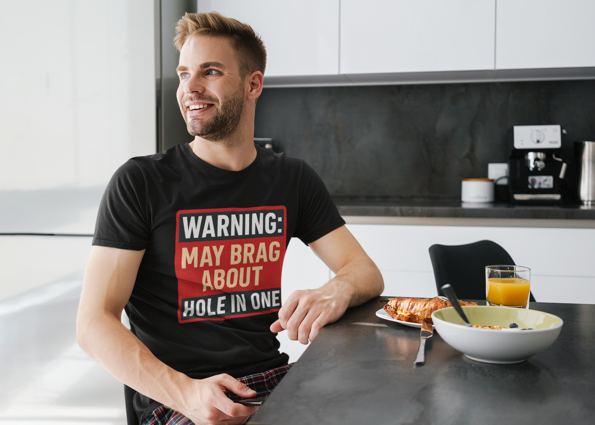 Bold “Warning May Brag About Hole in One” design printed on shirt