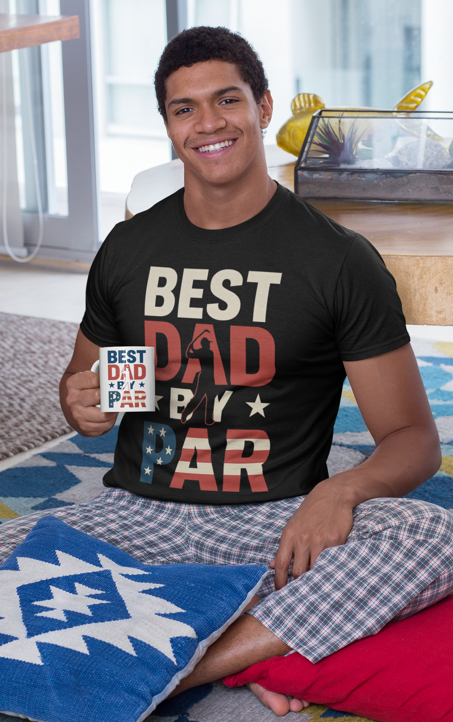 Mug featuring text "Best Dad by Par" in bold colors