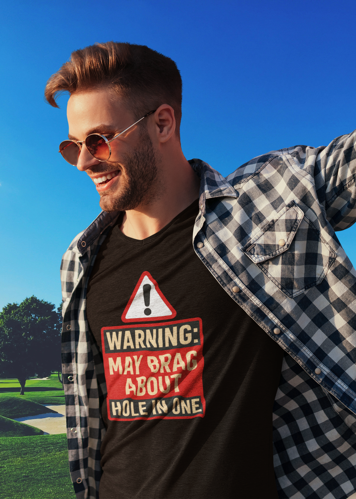 Humorous hole-in-one bragging T-shirt artwork