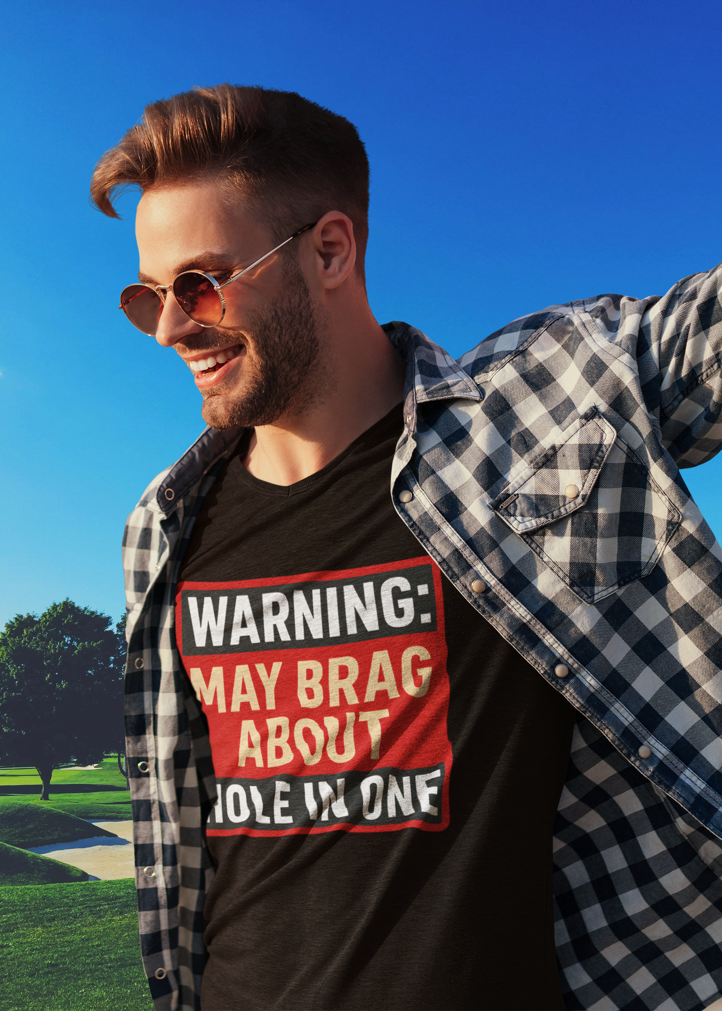 Close-up of warning-style golf slogan graphic