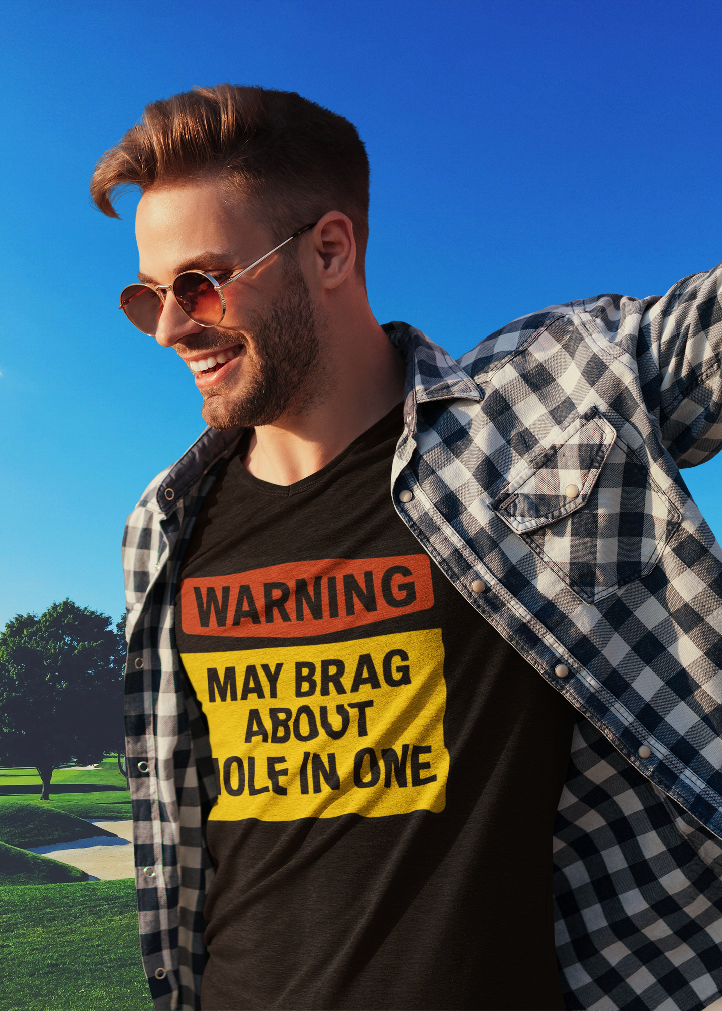Close-up of warning-style hole-in-one graphic