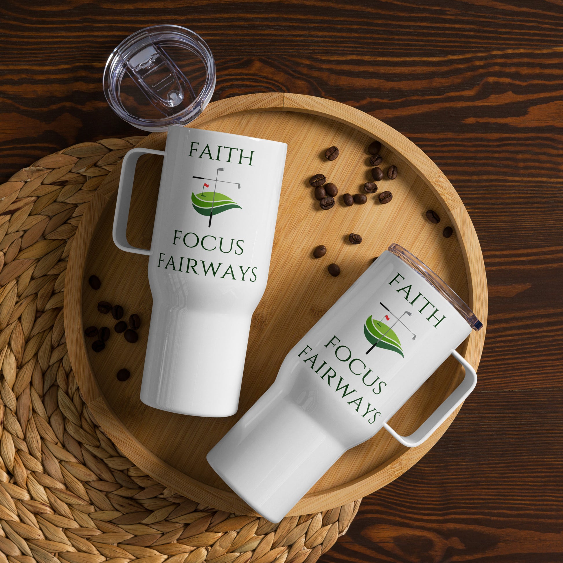 White insulated mug with spiritual golfer message