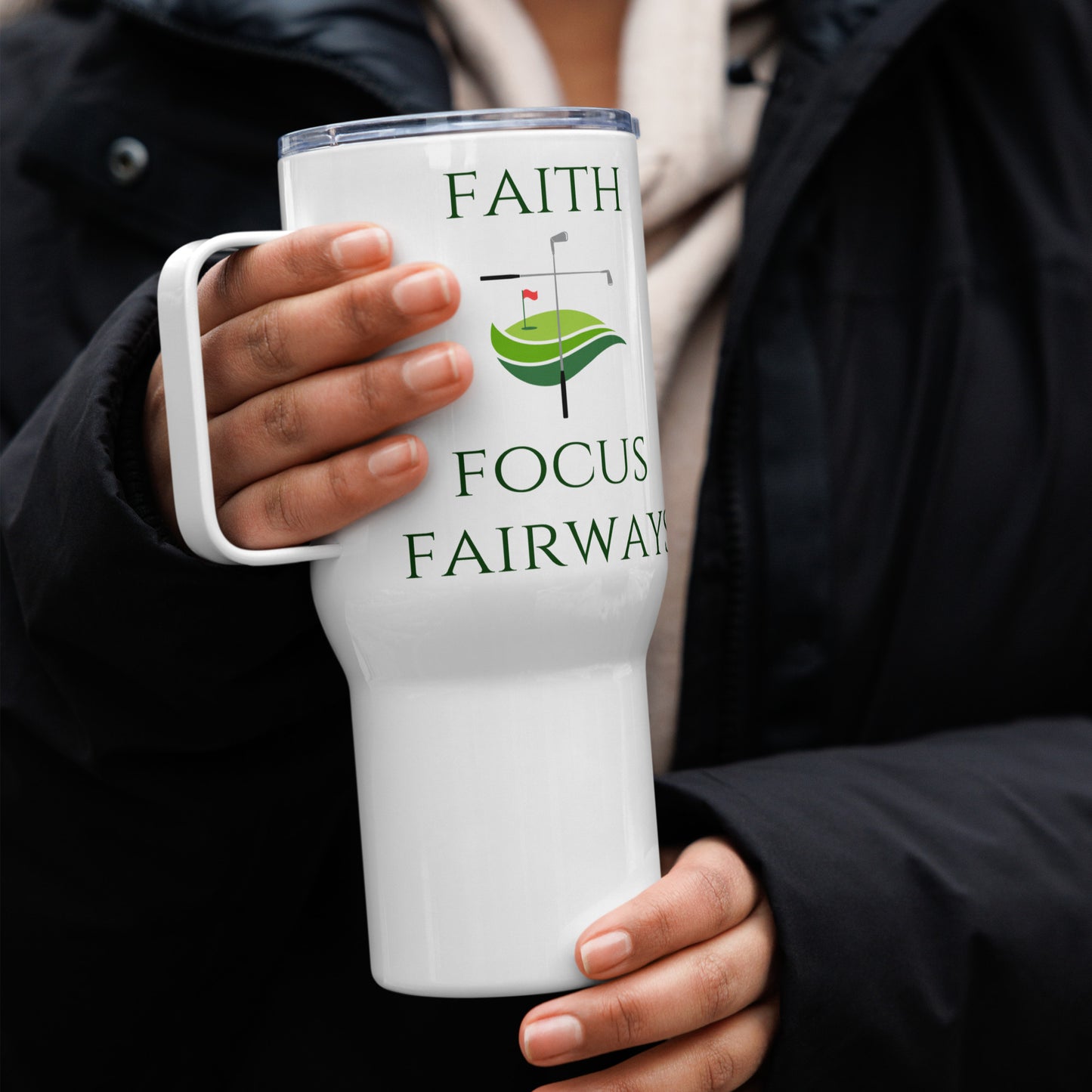 Elegant golf-themed mug with focus and faith typography