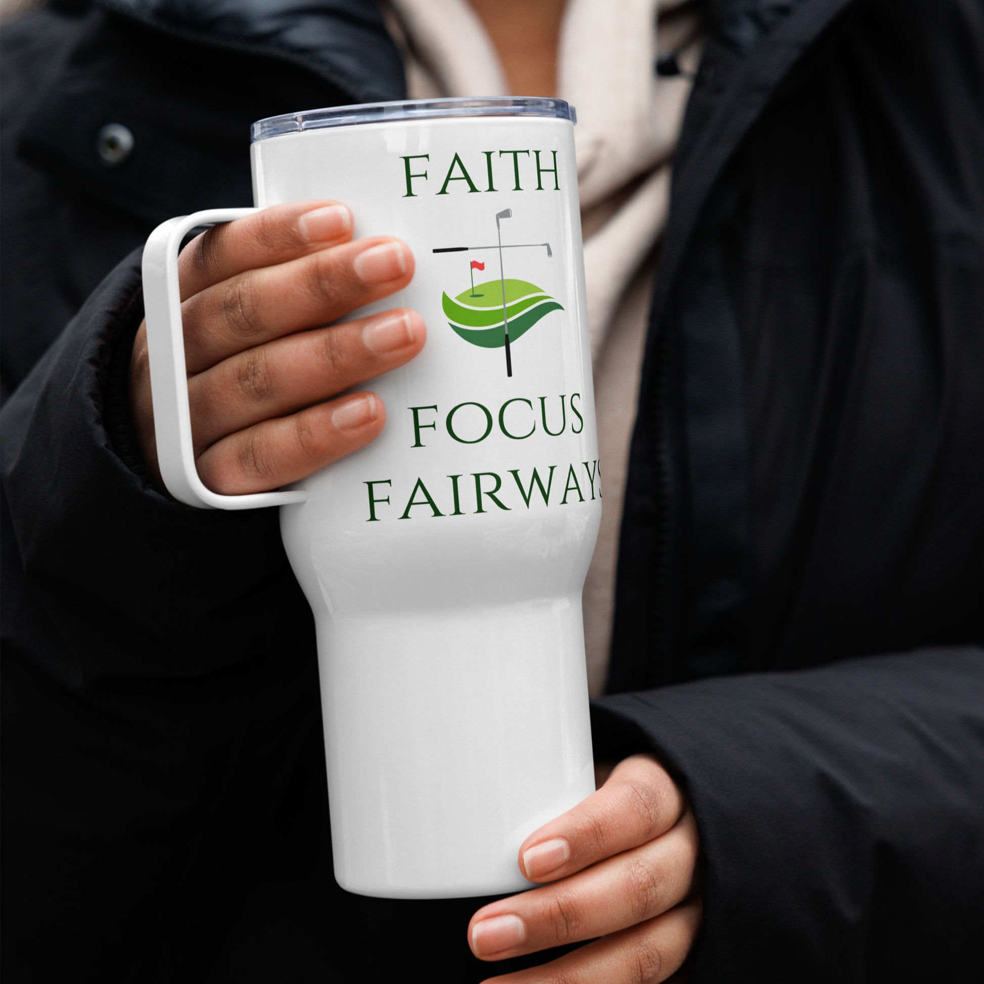 Elegant golf-themed mug with focus and faith typography
