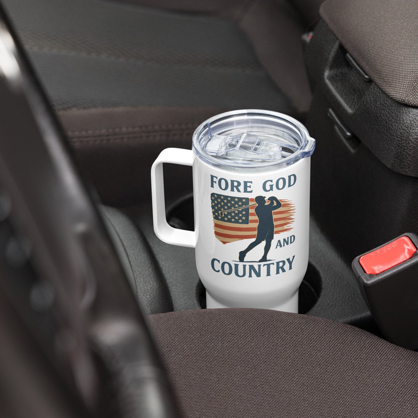 Patriotic golf mug featuring American flag and swing figure
