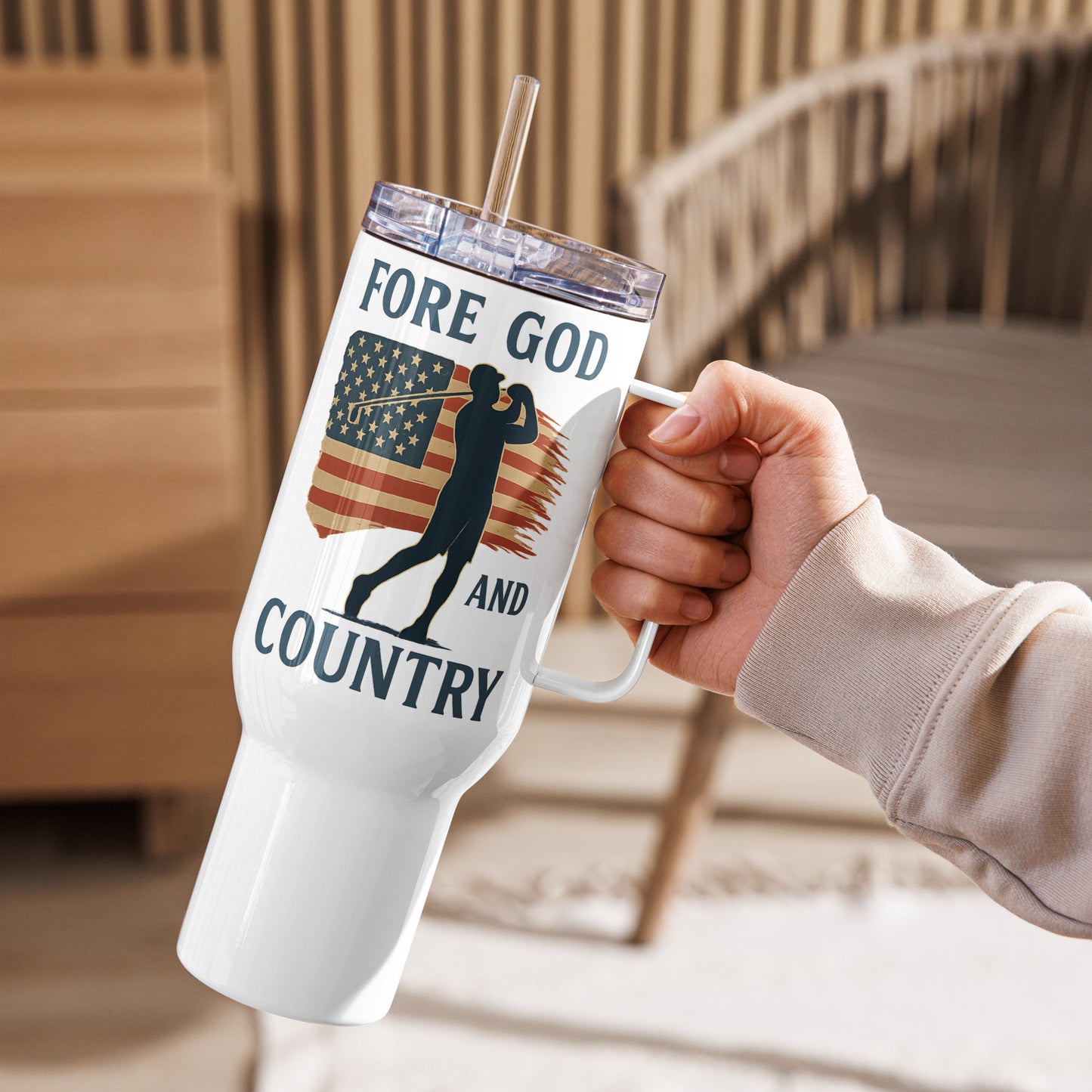 40oz patriotic mug with screw-on lid and straw attachment