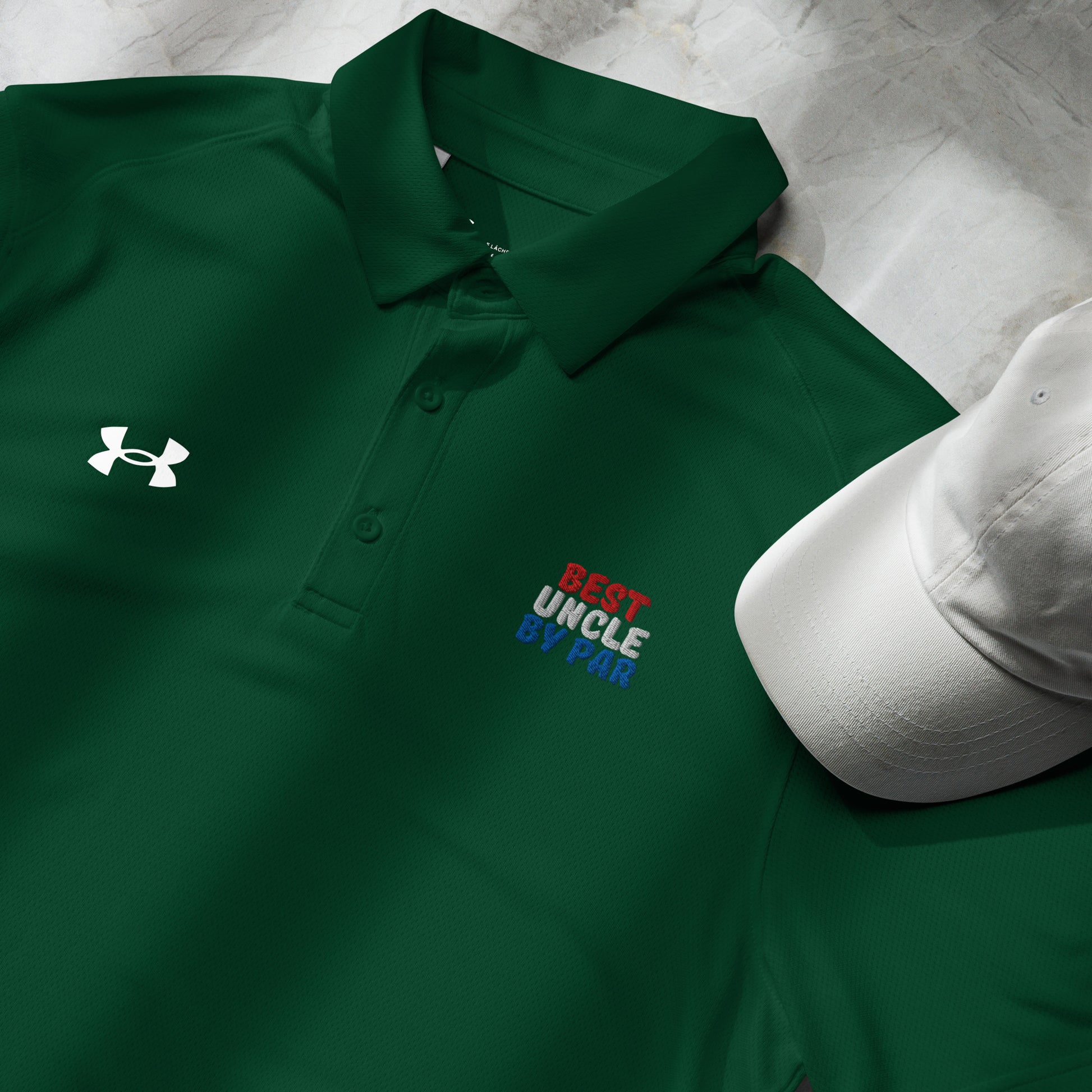 forest green golf polo shirt with best uncle design embroidered