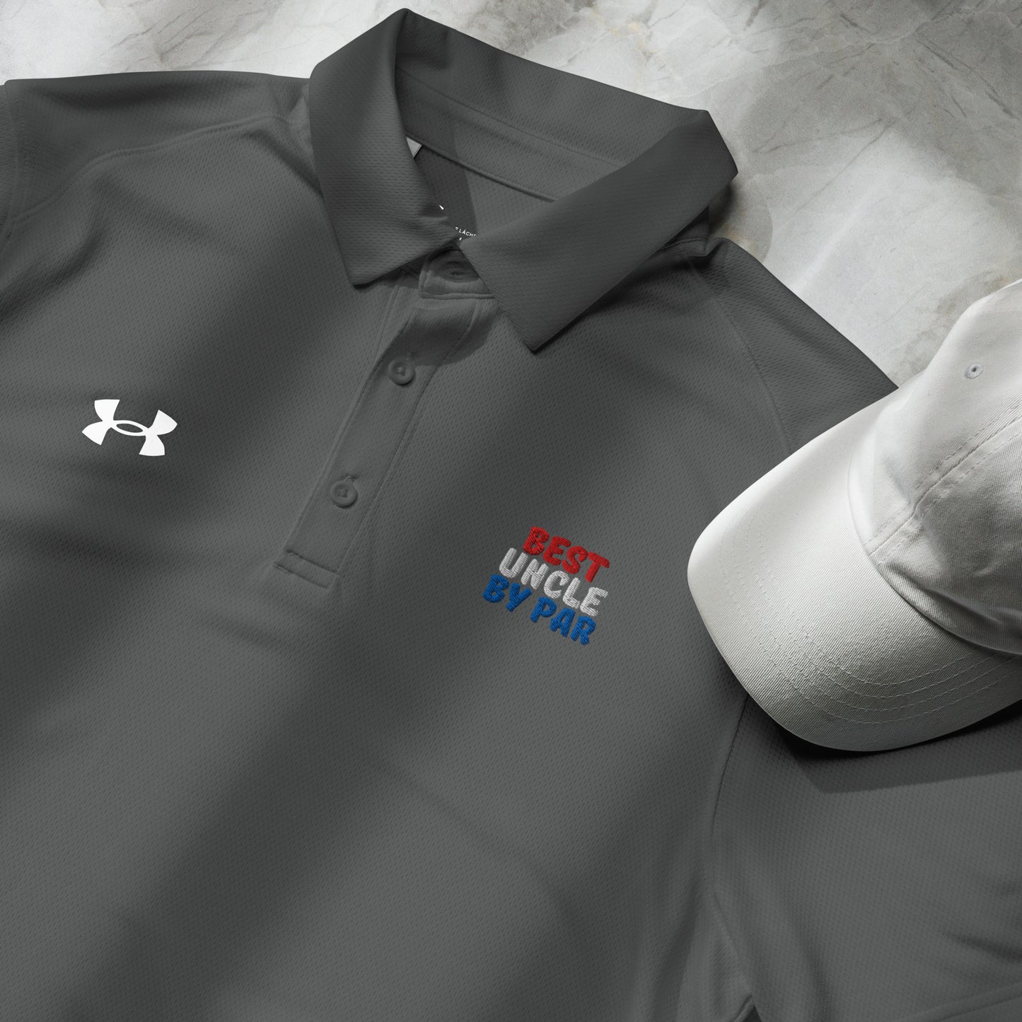 grey golf polo shirt with best uncle by par slogan