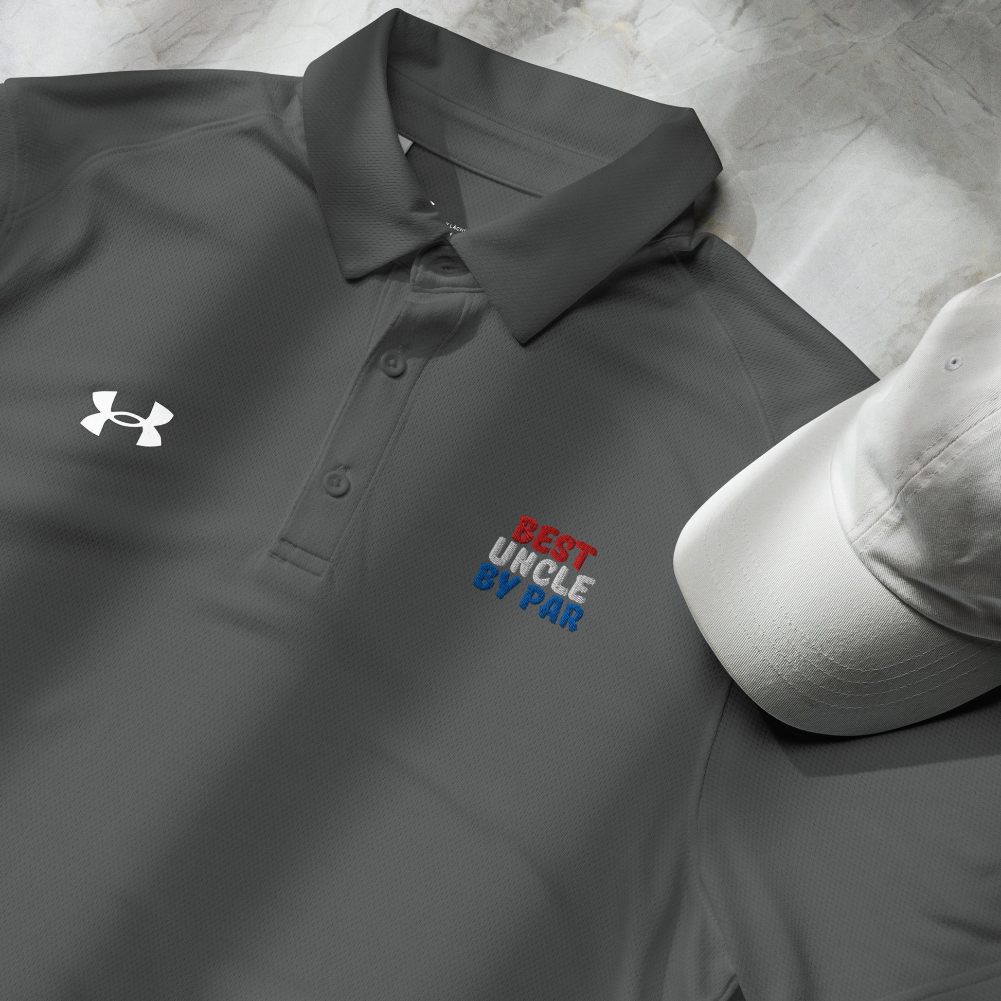 grey golf polo shirt with best uncle by par slogan