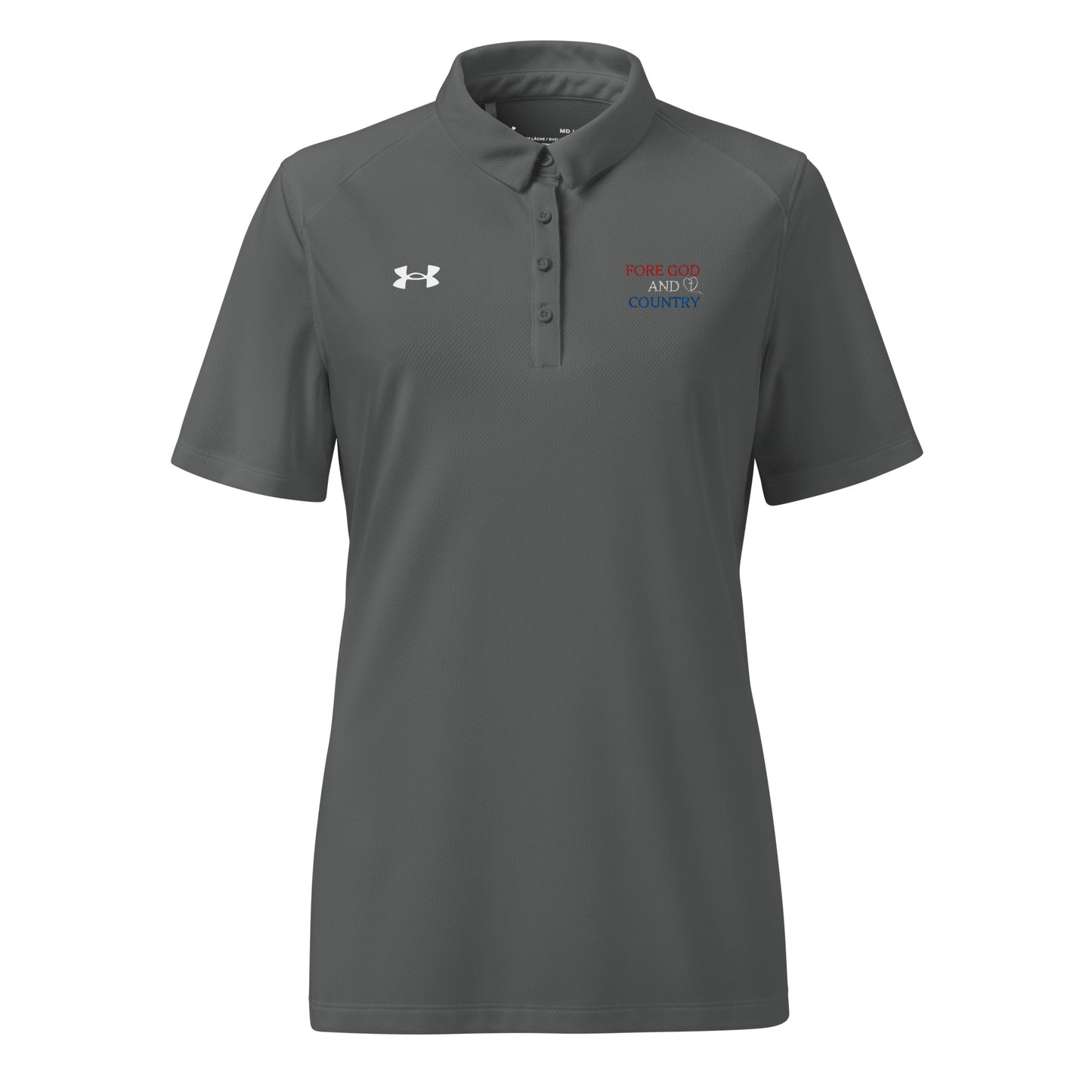 grey golf shirt for ladies featuring Fore God and Country phrase