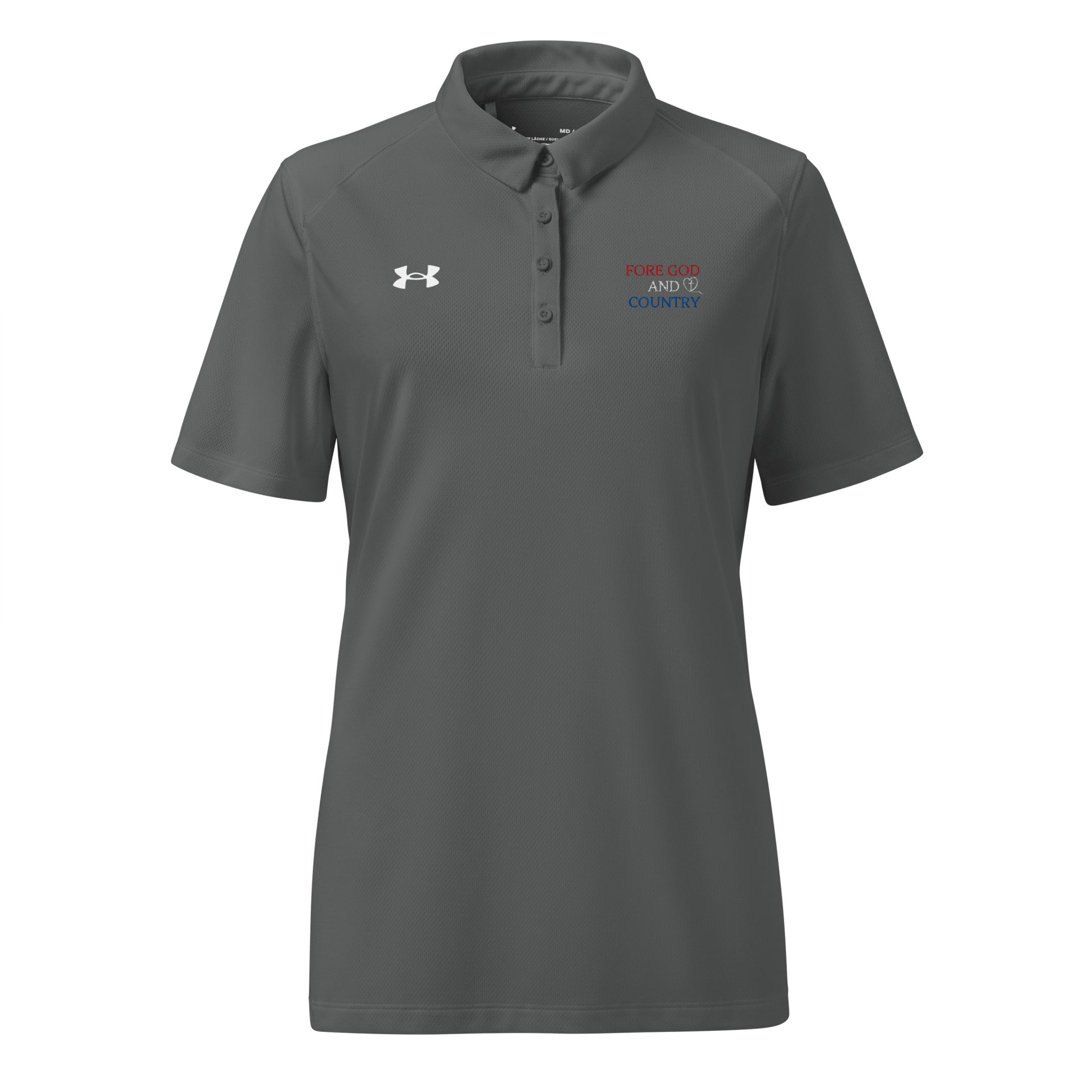grey golf shirt for ladies featuring Fore God and Country phrase