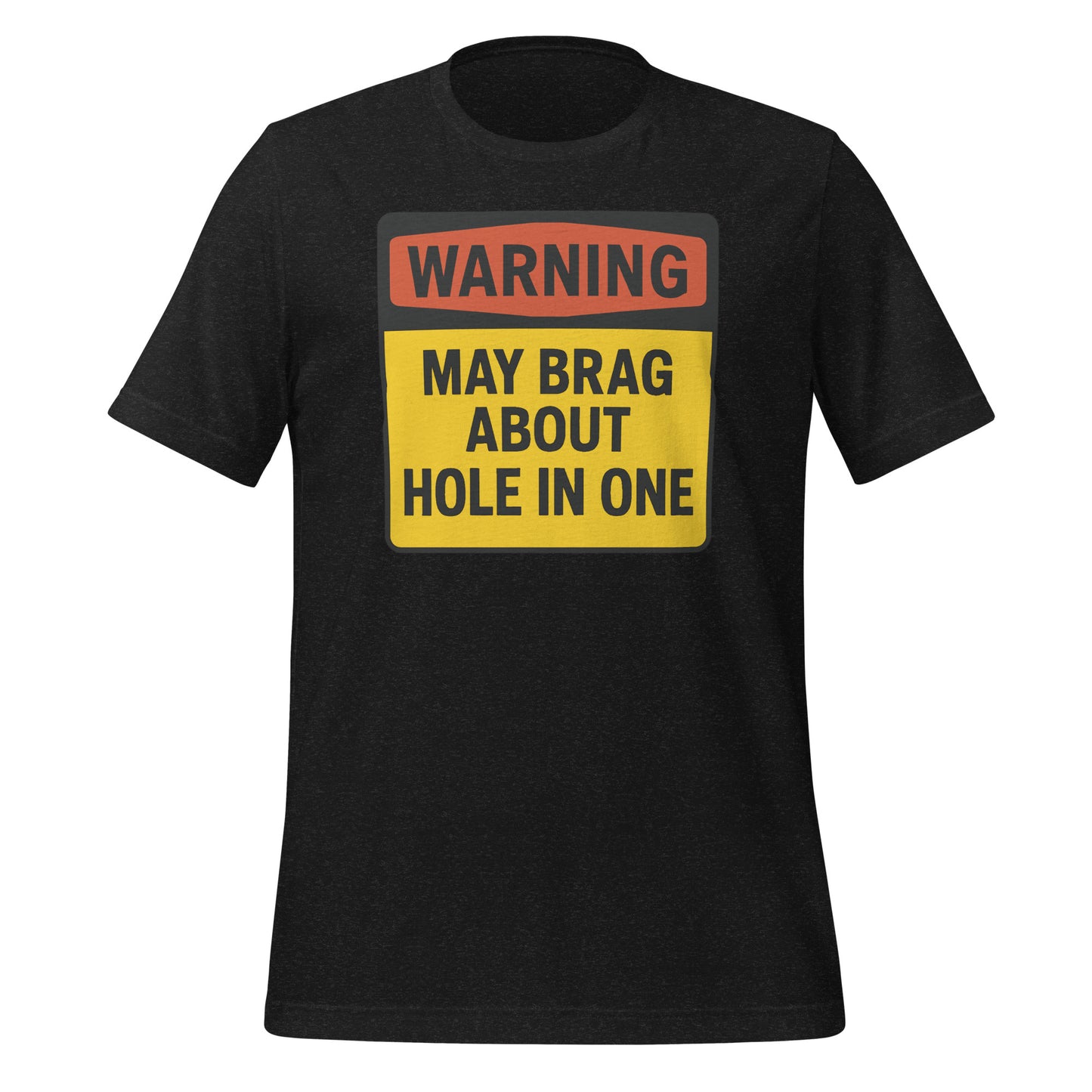 Black shirt featuring bold warning-style golf print