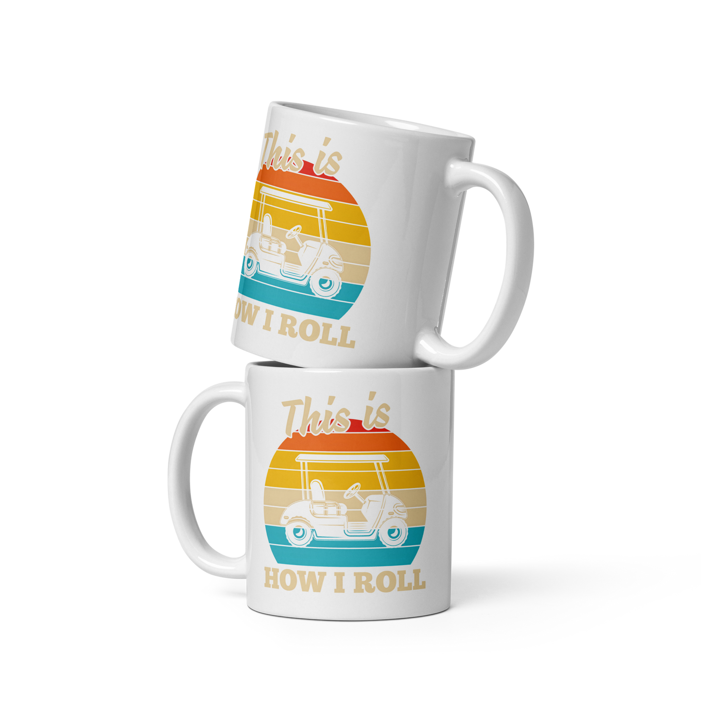 11oz ceramic mug with golf cart and retro stripe artwork