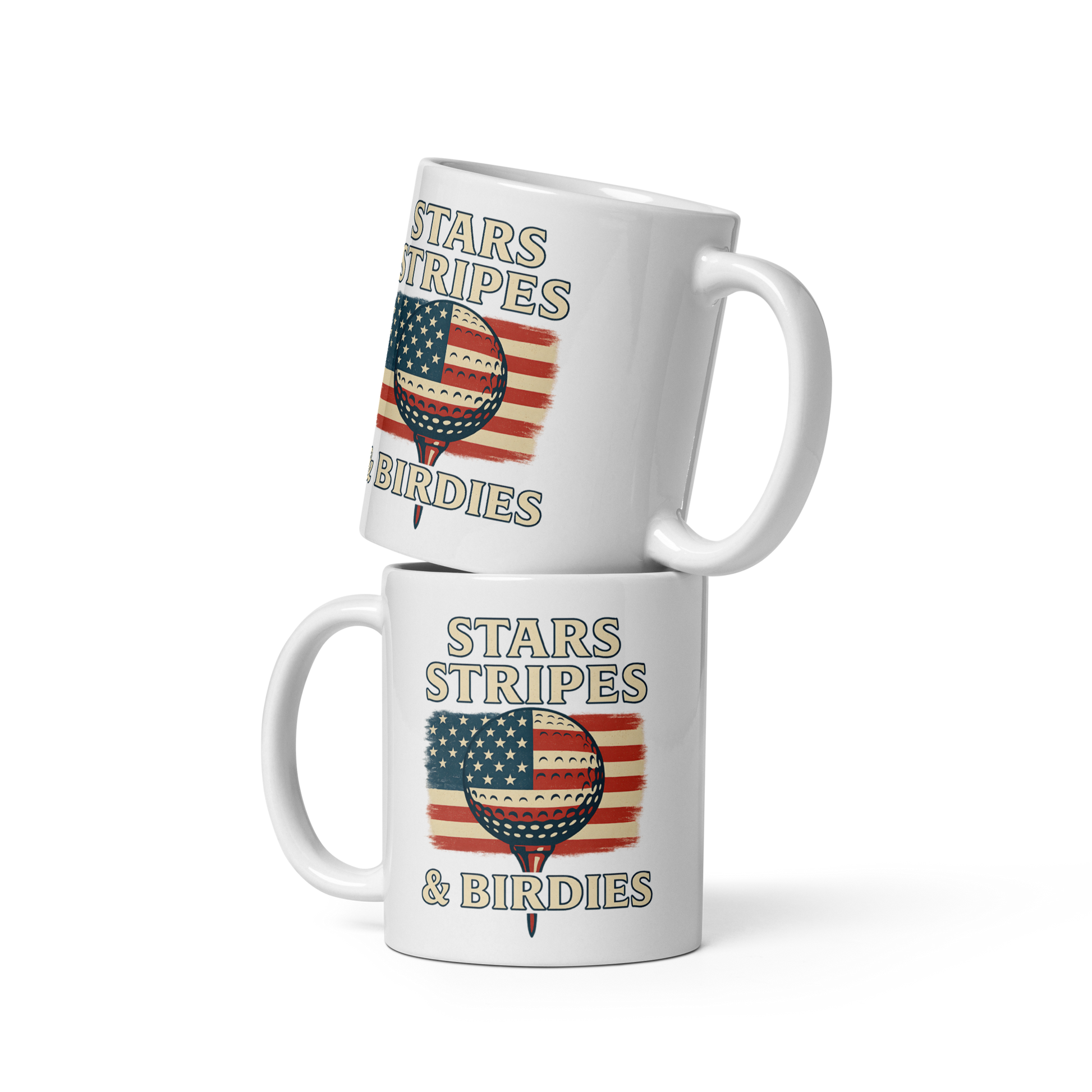 Red white and blue golf ball illustration on white mug