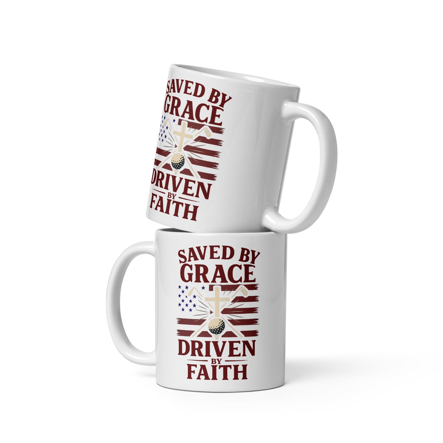 11oz mug with religious golf artwork and flag-themed design